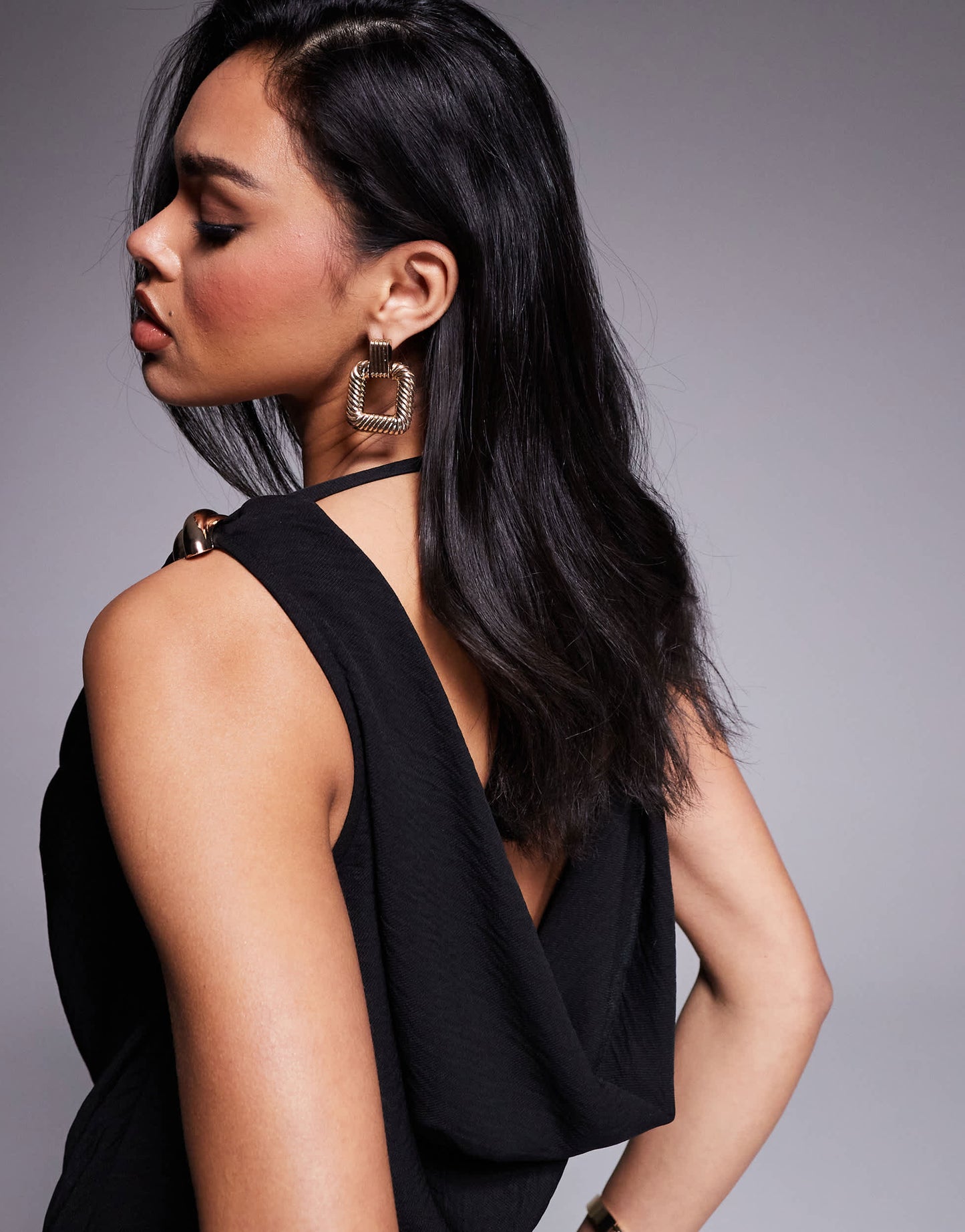 ASOS DESIGN cowl neck wide leg jumpsuit with gold hardware in black