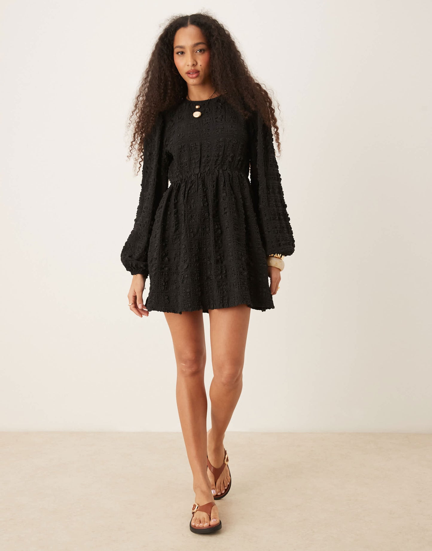 Gina Tricot textured mini dress with open tie back and volume sleeves in black
