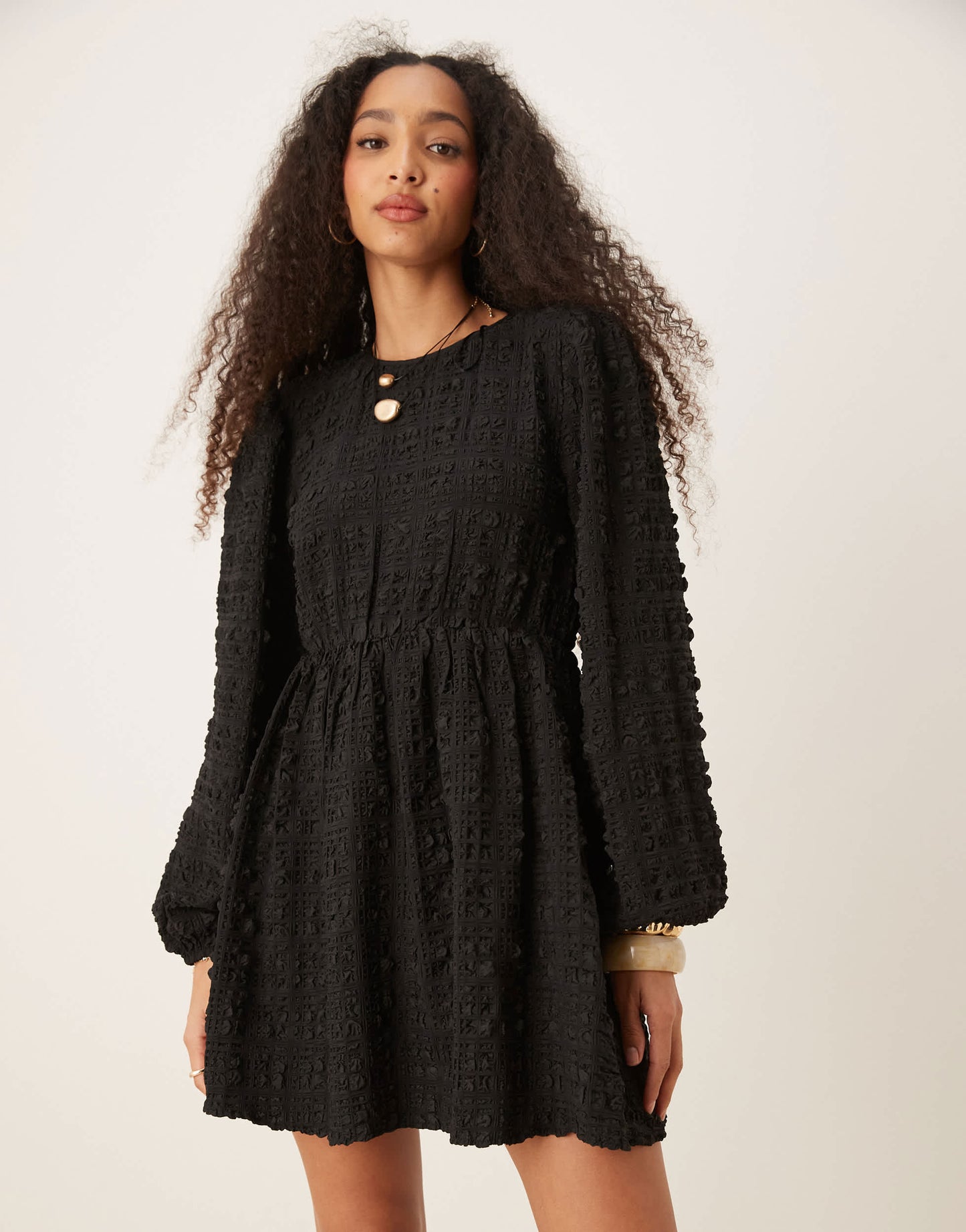 Gina Tricot textured mini dress with open tie back and volume sleeves in black