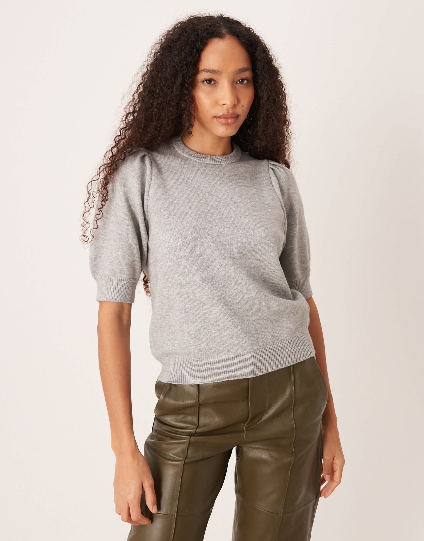Gina Tricot knitted short sleeve sweater with puff sleeves in grey melange