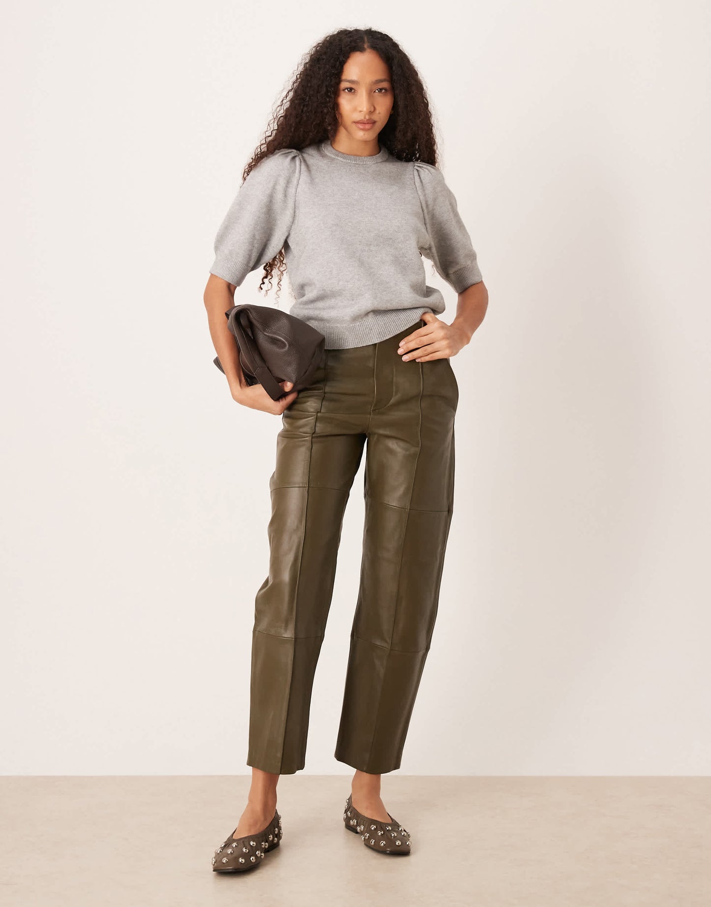 Gina Tricot knitted short sleeve sweater with puff sleeves in grey melange