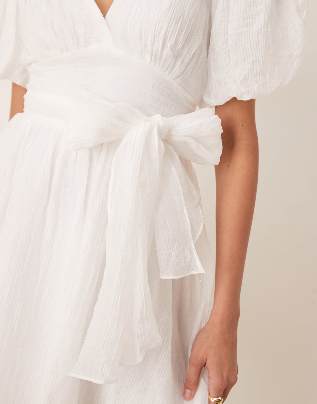 Gina Tricot short sleeve v neck open back bow graduation mini dress in off white
