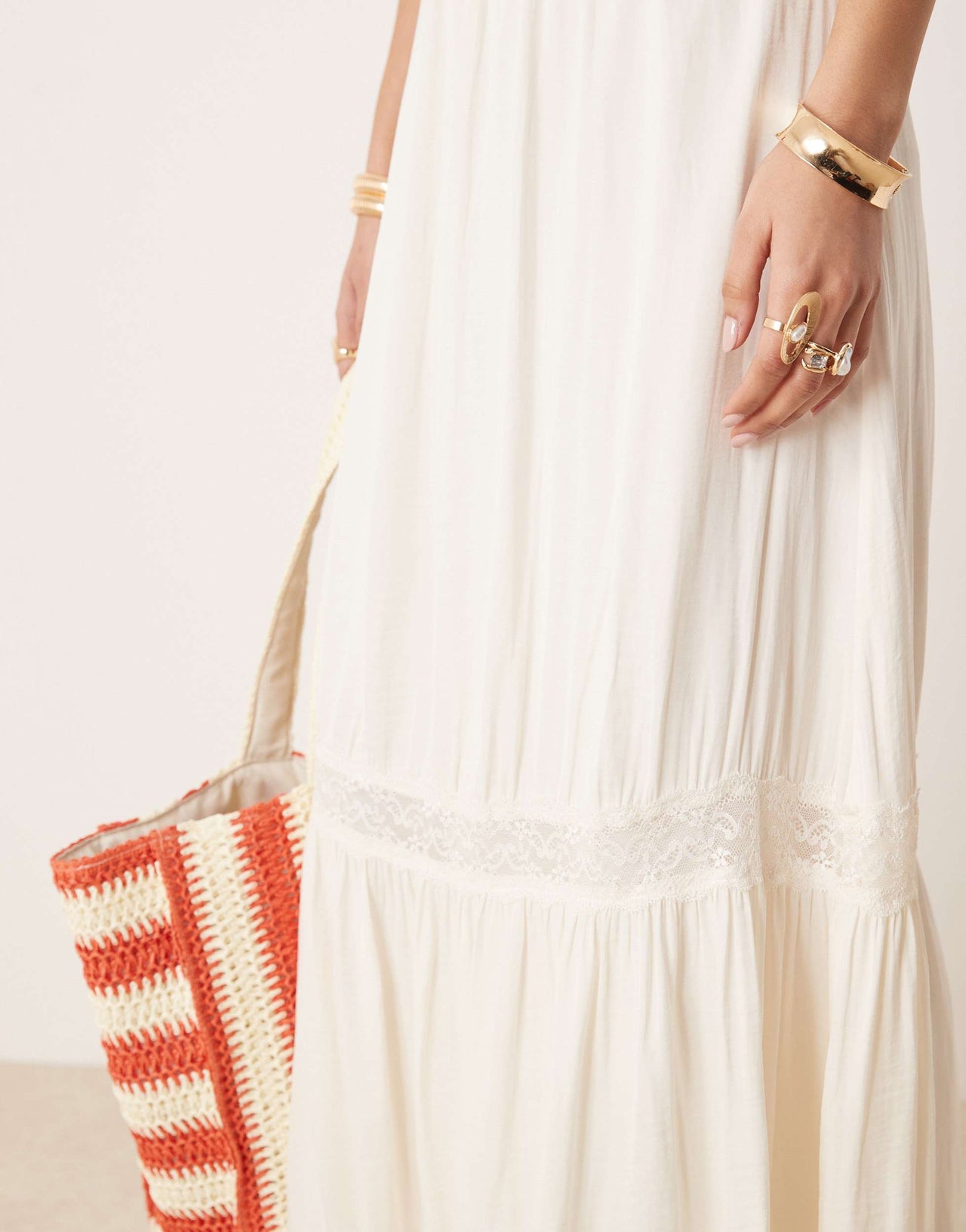 Gina Tricot tiered maxi skirt with lace insert in cream