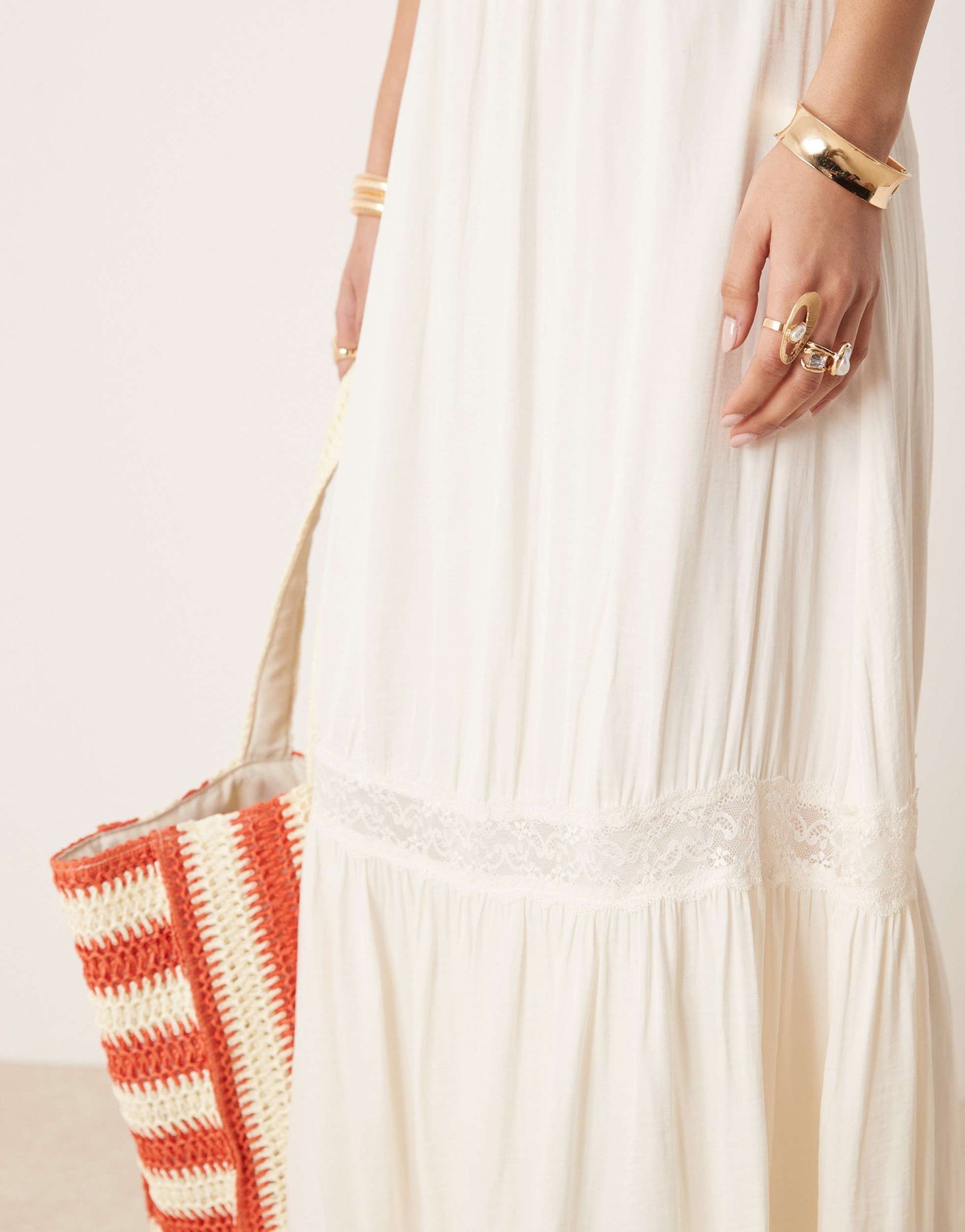 Gina Tricot tiered maxi skirt with lace insert in cream