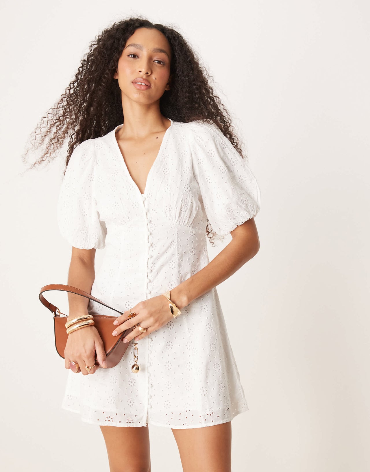 Gina Tricot long sleeve broderie anglais v neck graduation mini dress in off white
