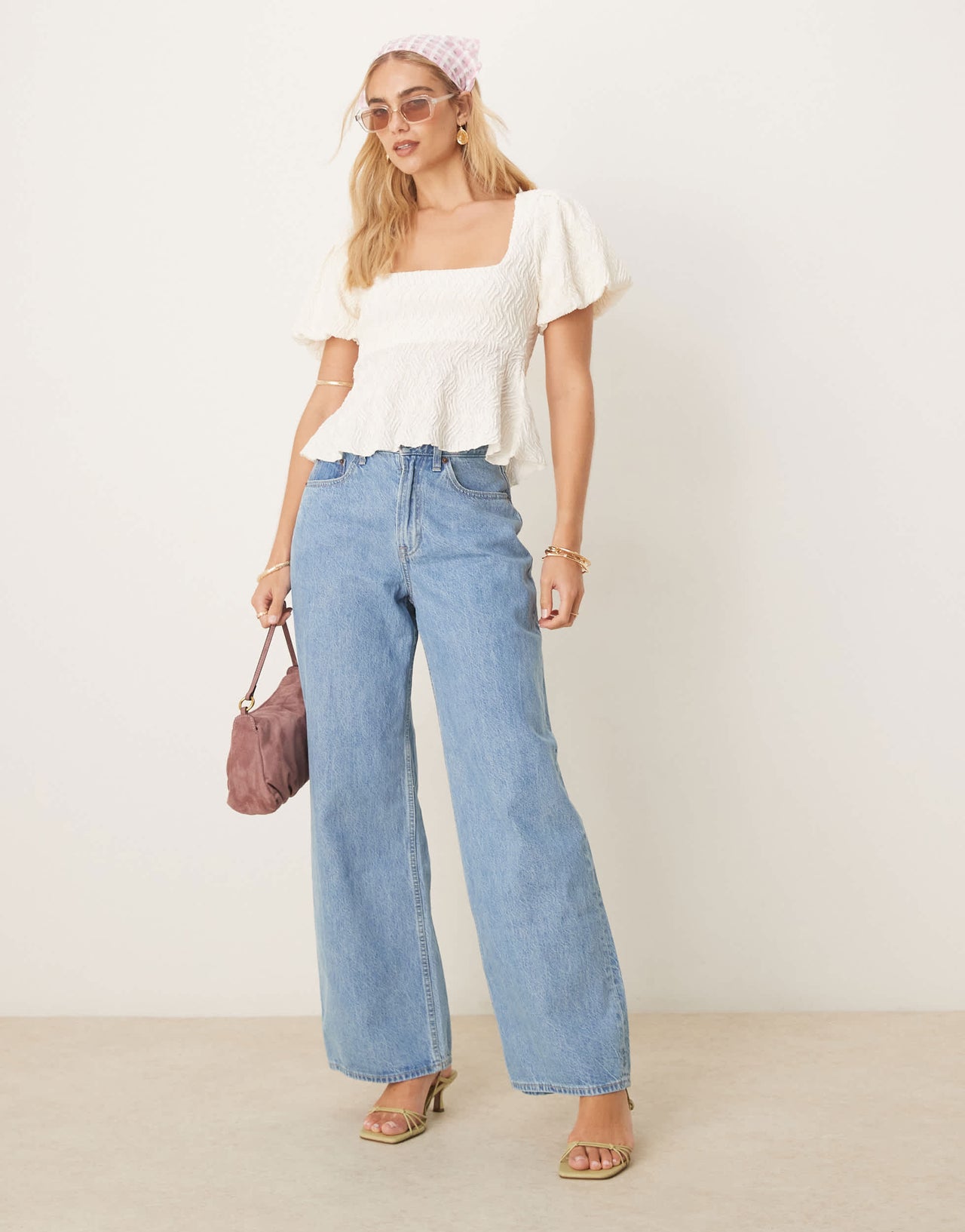 Gina Tricot wavy textured jersey with puff sleeves and peplum hem in ecru white