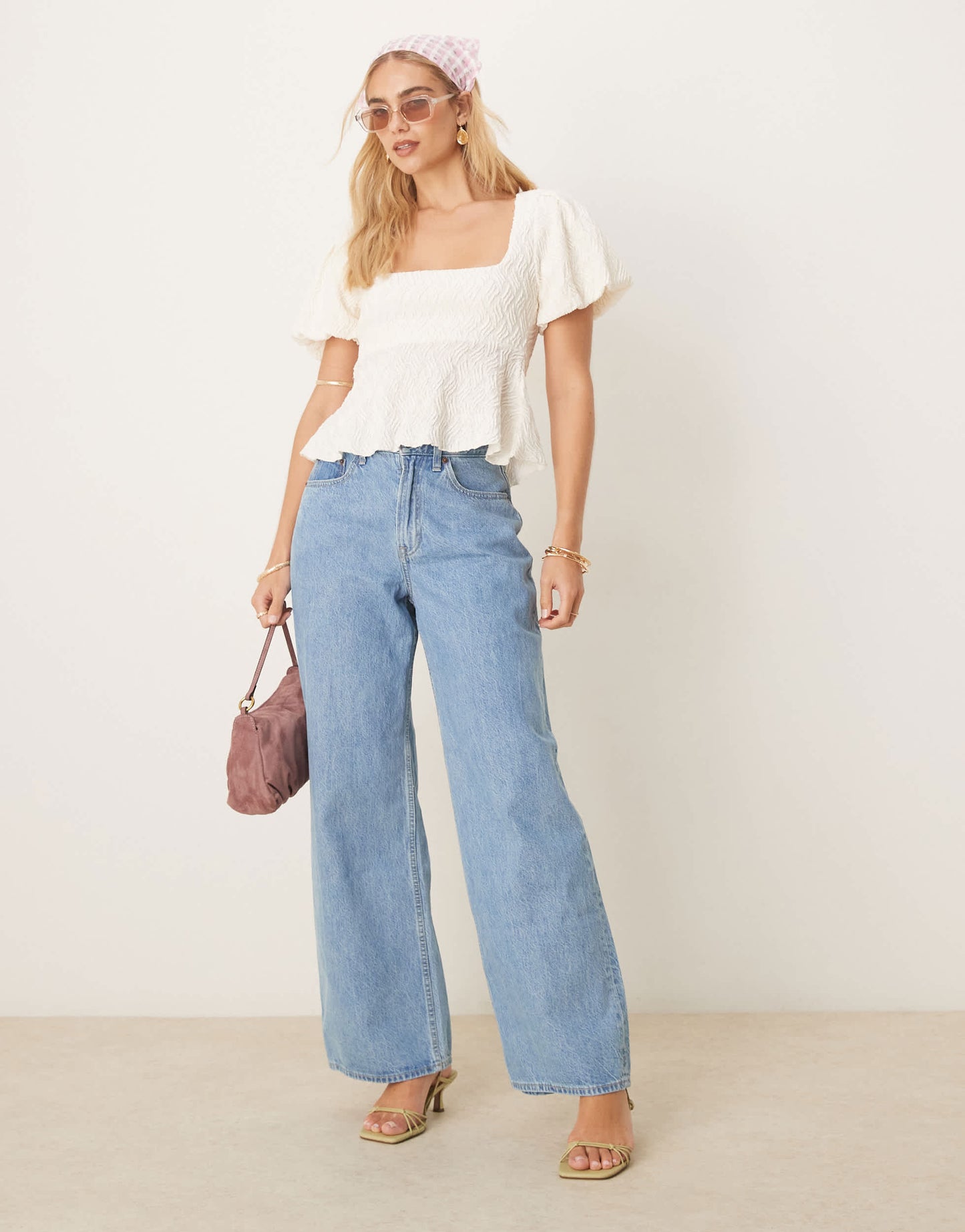 Gina Tricot wavy textured jersey with puff sleeves and peplum hem in ecru white