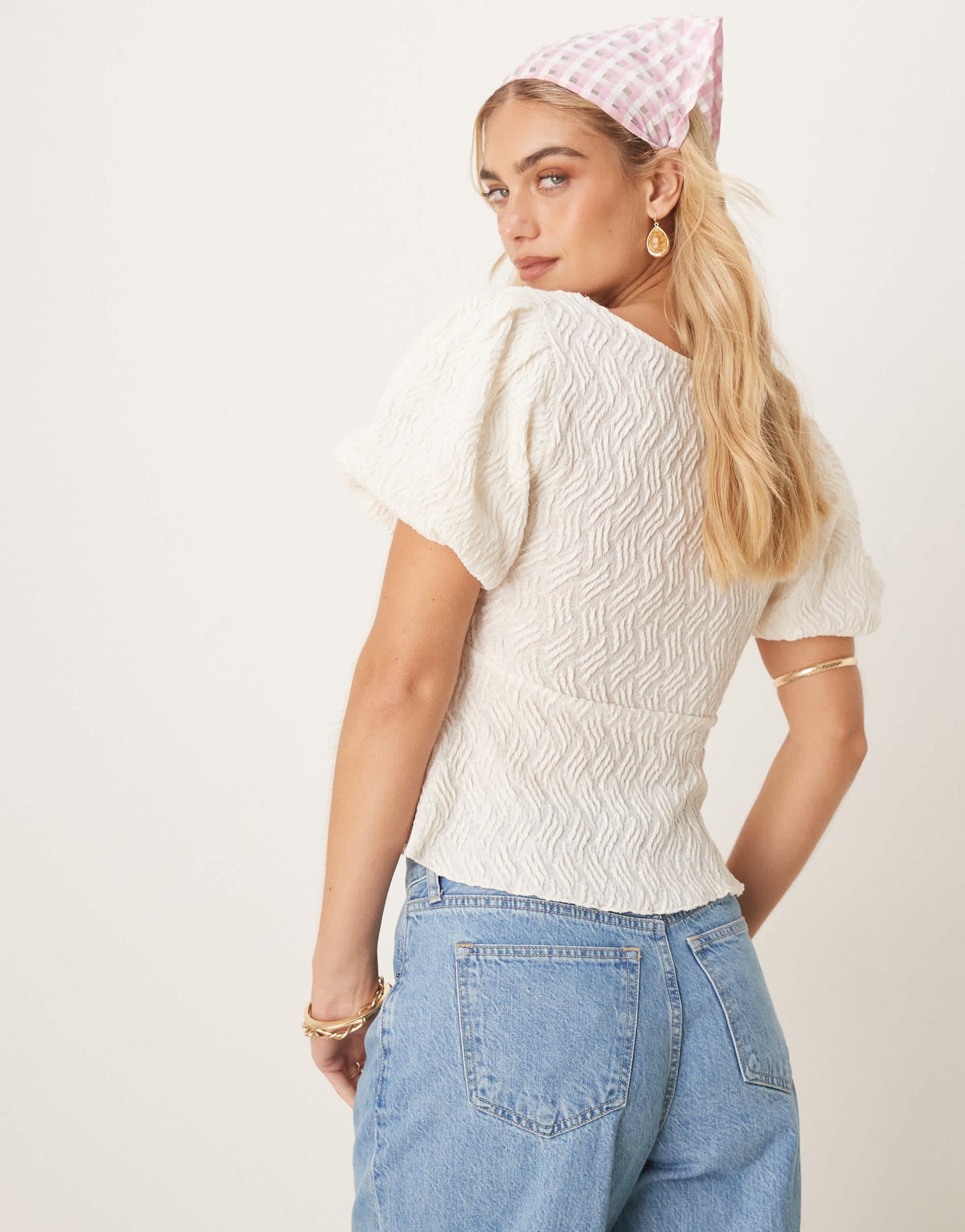 Gina Tricot wavy textured jersey with puff sleeves and peplum hem in ecru white
