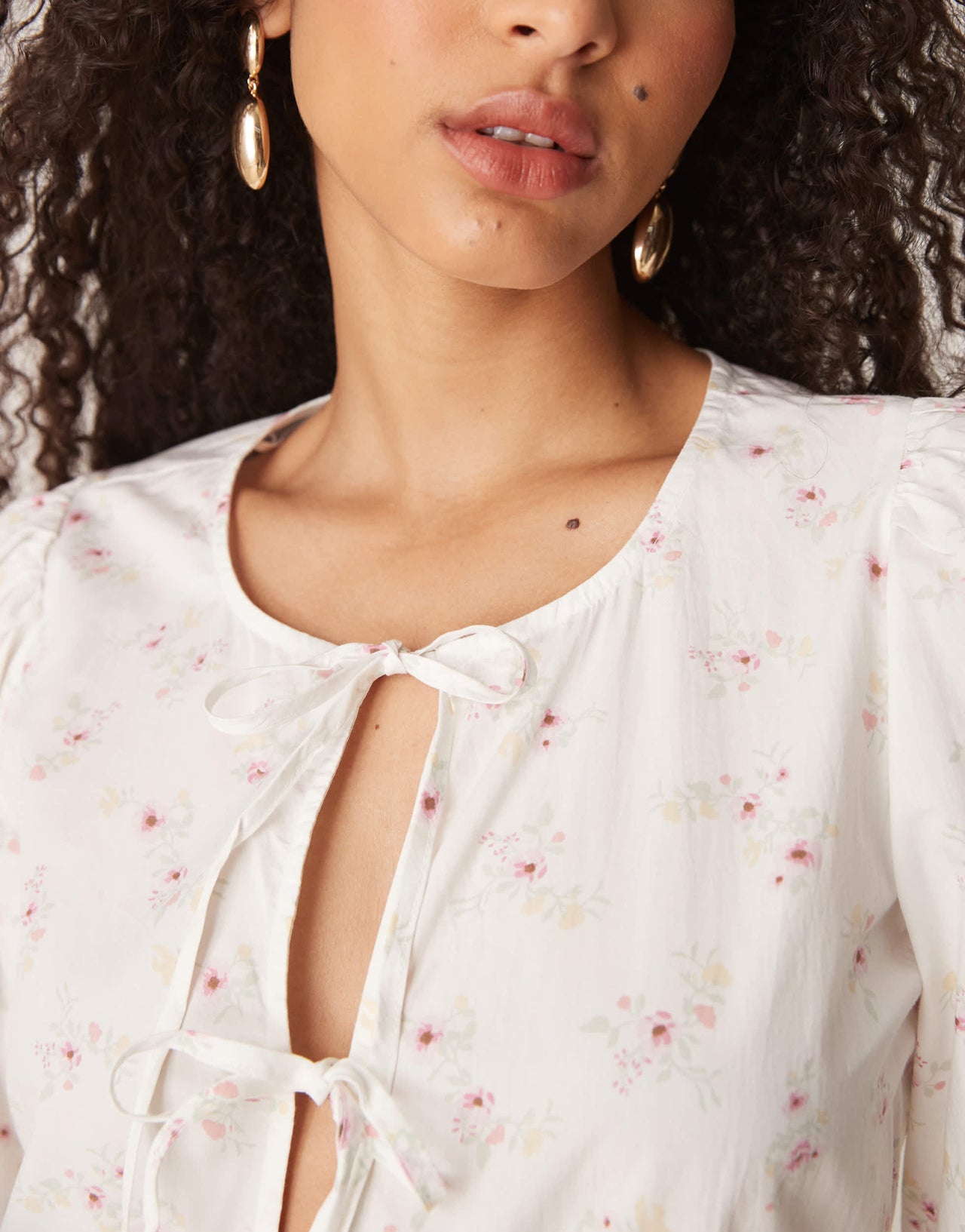 Gina Tricot tie front bodice mini dress with puff sleeves in ditsy floral print