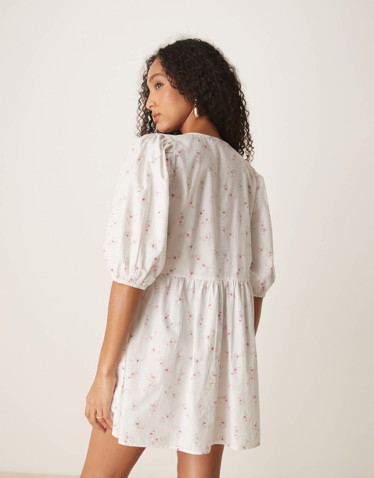 Gina Tricot tie front bodice mini dress with puff sleeves in ditsy floral print