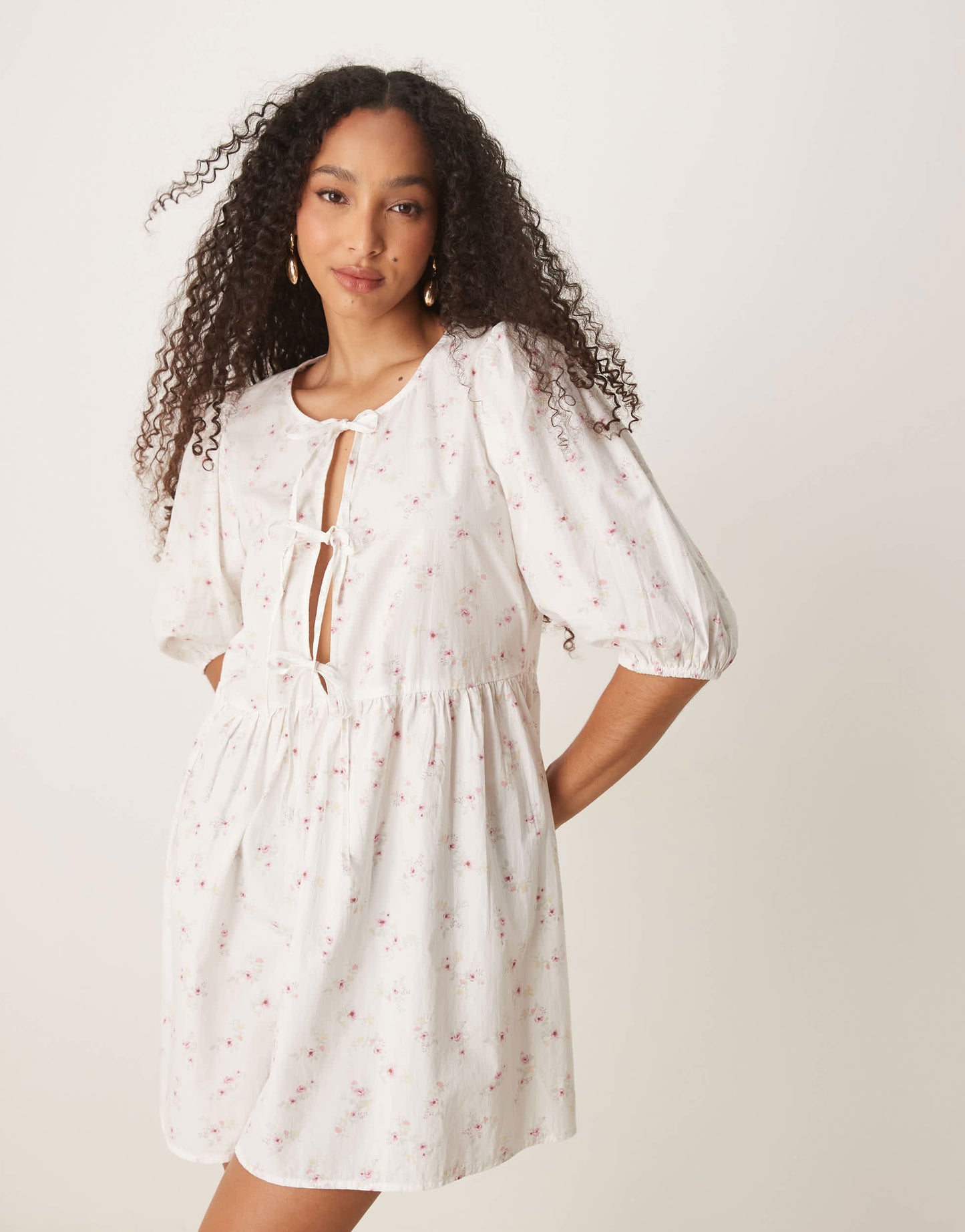 Gina Tricot tie front bodice mini dress with puff sleeves in ditsy floral print