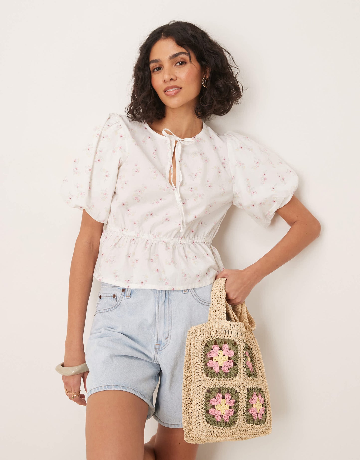 Gina Tricot puff sleeves blouse top with tie front in ditsy floral print
