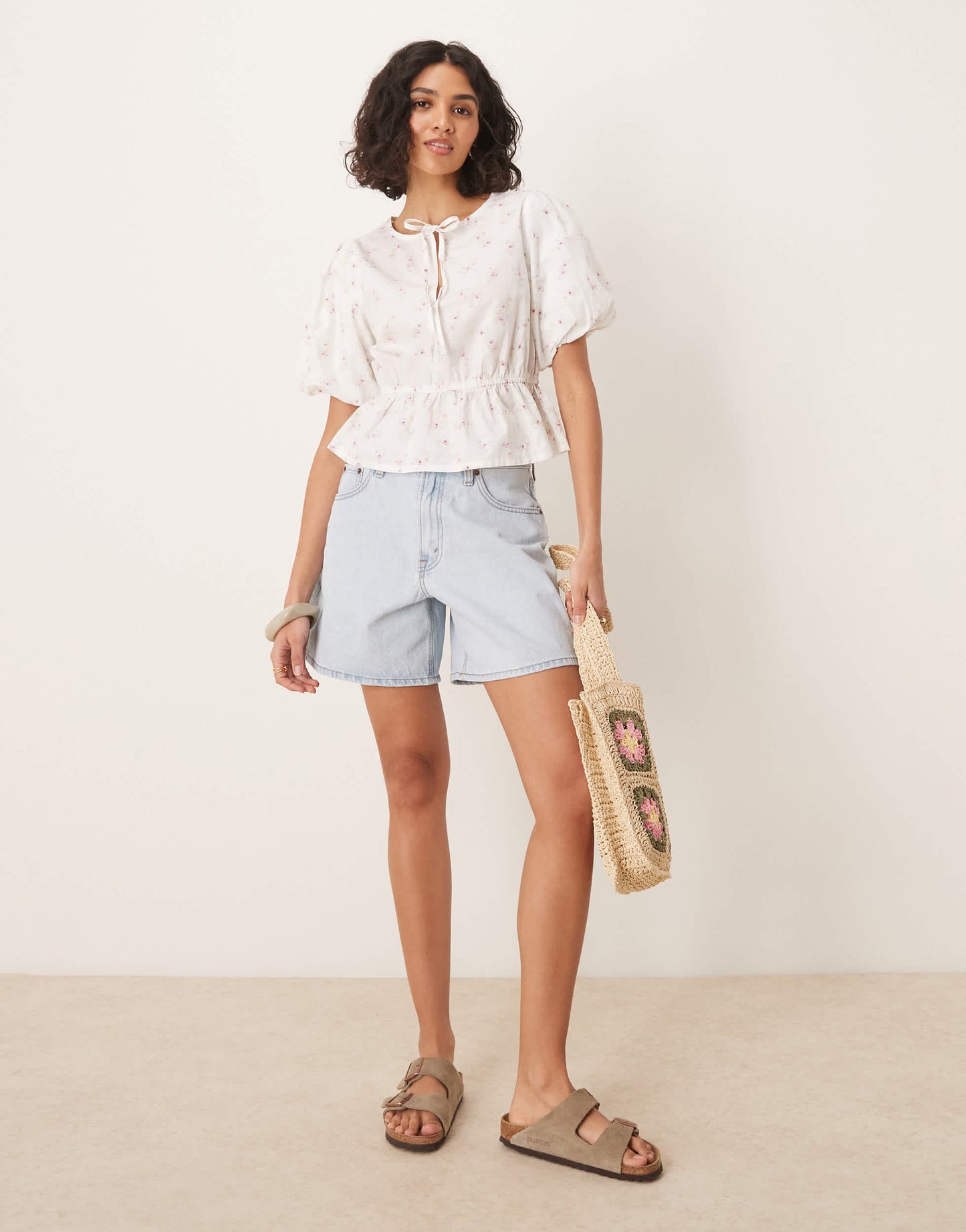 Gina Tricot puff sleeves blouse top with tie front in ditsy floral print