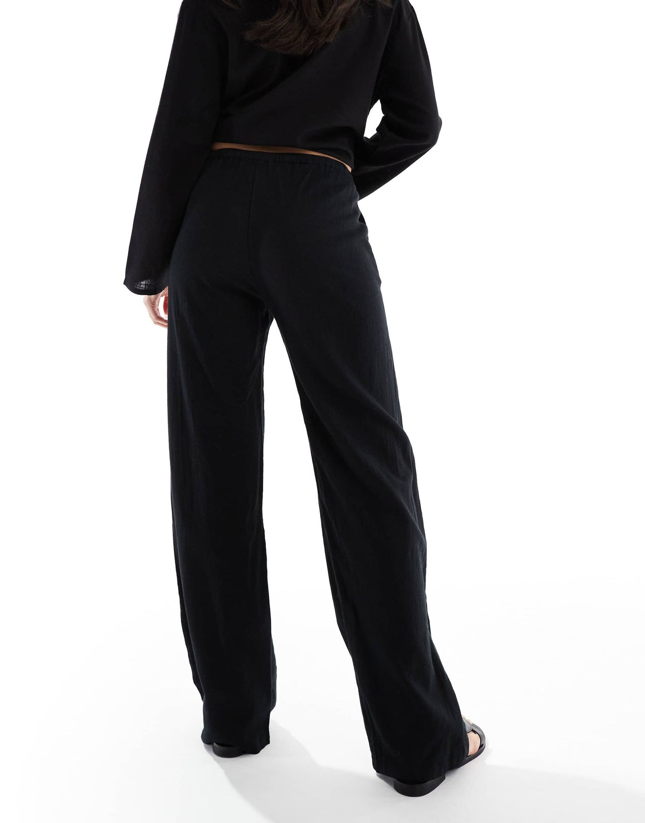 Pull&Bear high waisted linen look trousers in black