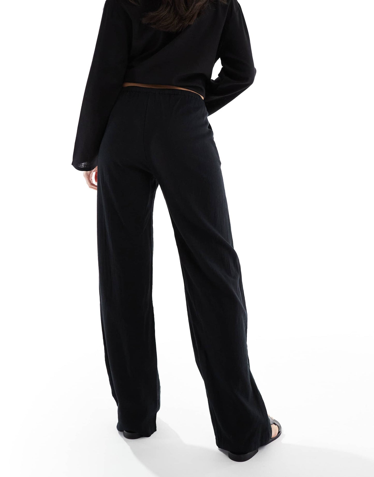 Pull&Bear high waisted linen look trousers in black