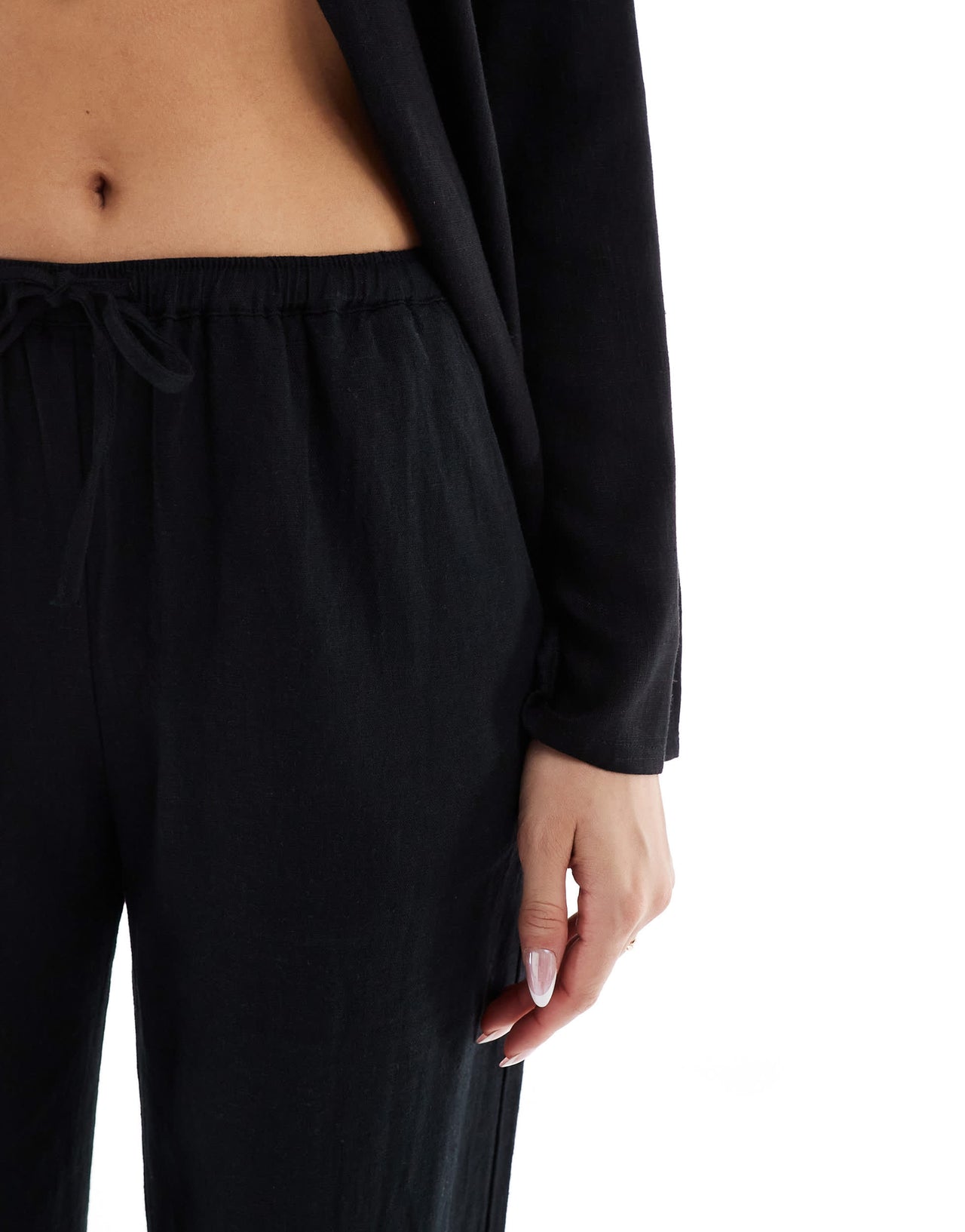 Pull&Bear high waisted linen look trousers in black
