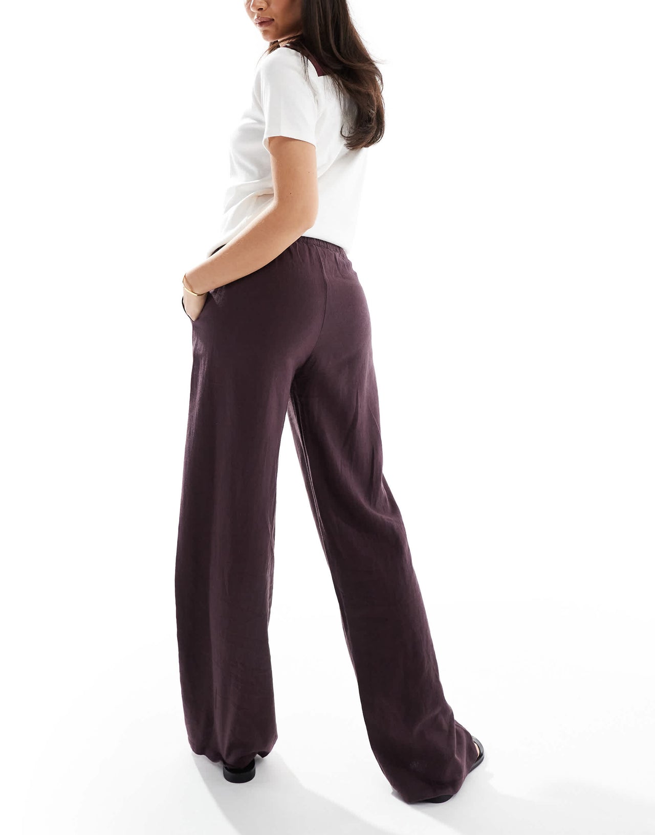 Pull&Bear high waisted linen look trousers in wine