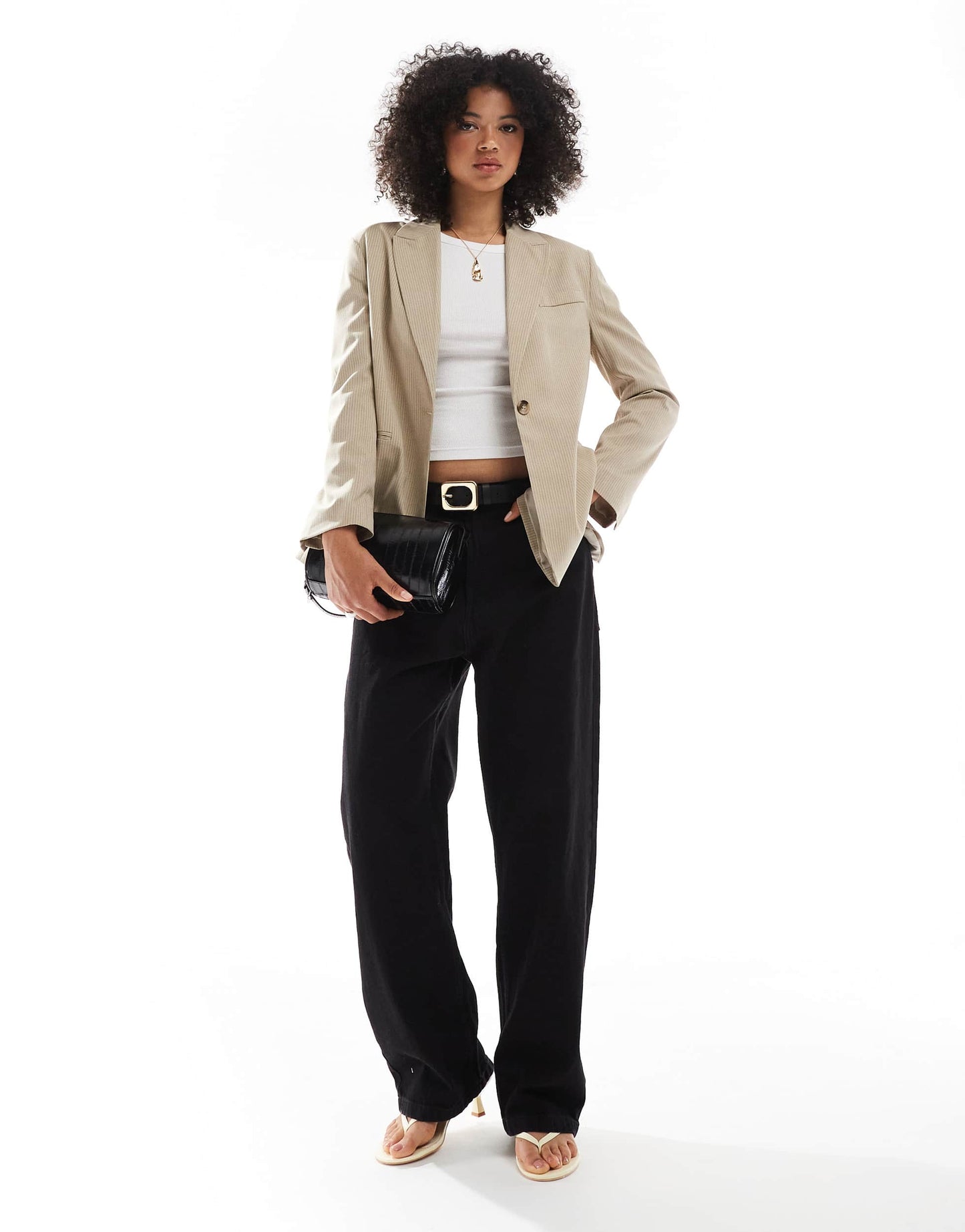 Pull&Bear oversized blazer with crossover back detail in sand pinstripe