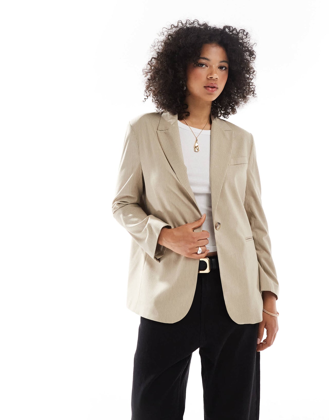 Pull&Bear oversized blazer with crossover back detail in sand pinstripe