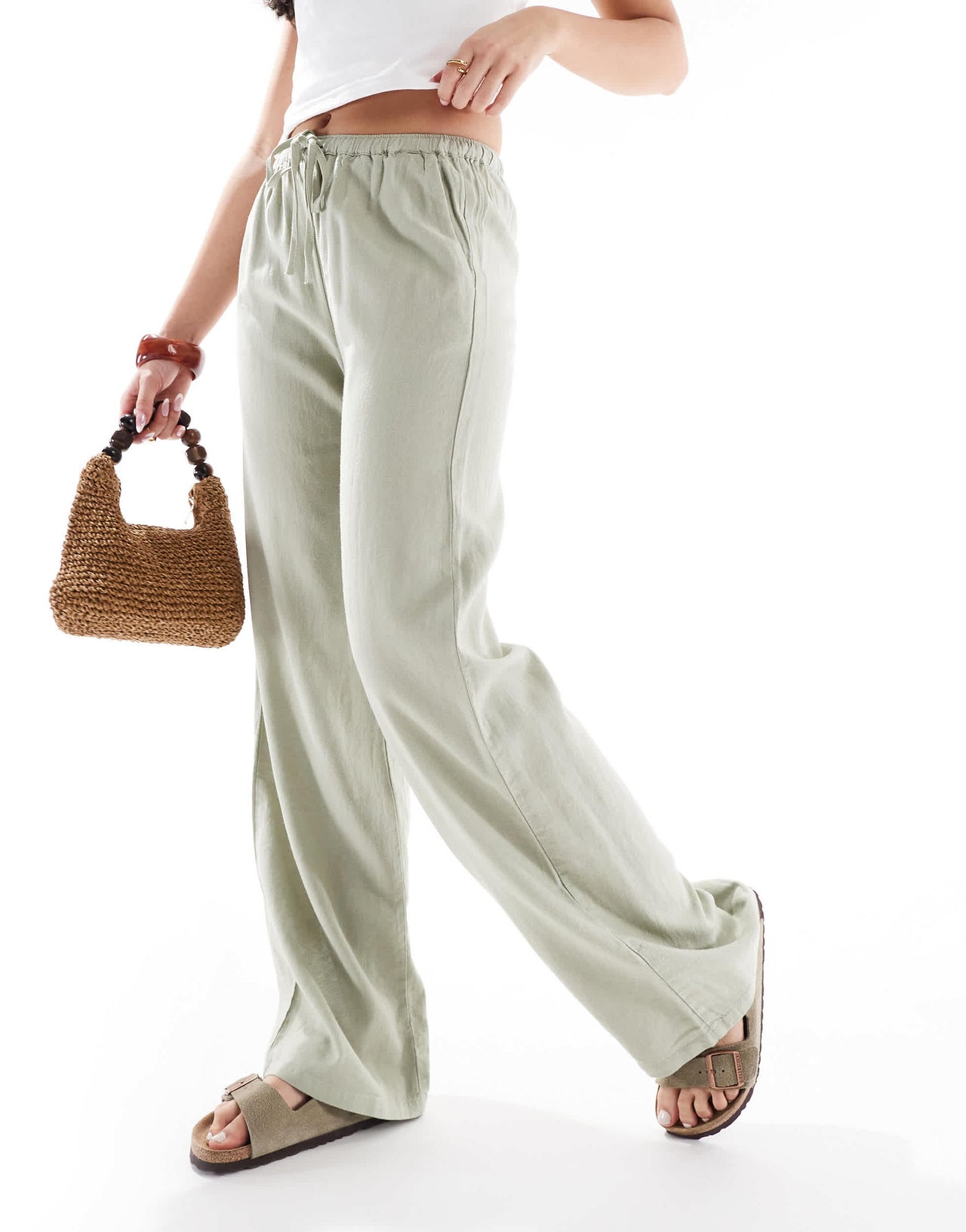 Pull&Bear high waisted linen look trousers in sage green