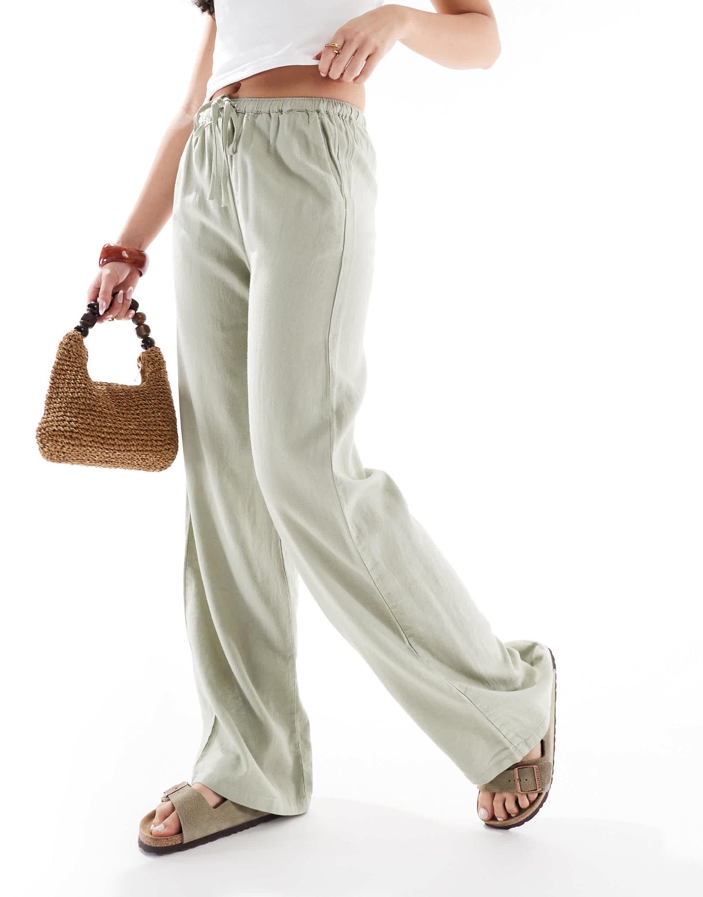 Pull&Bear high waisted linen look trousers in sage green