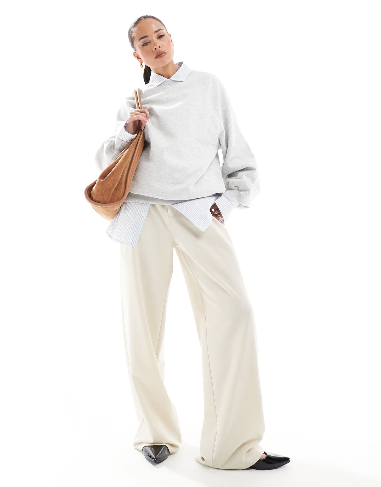 Pull&Bear wide leg tailored trouser in ecru