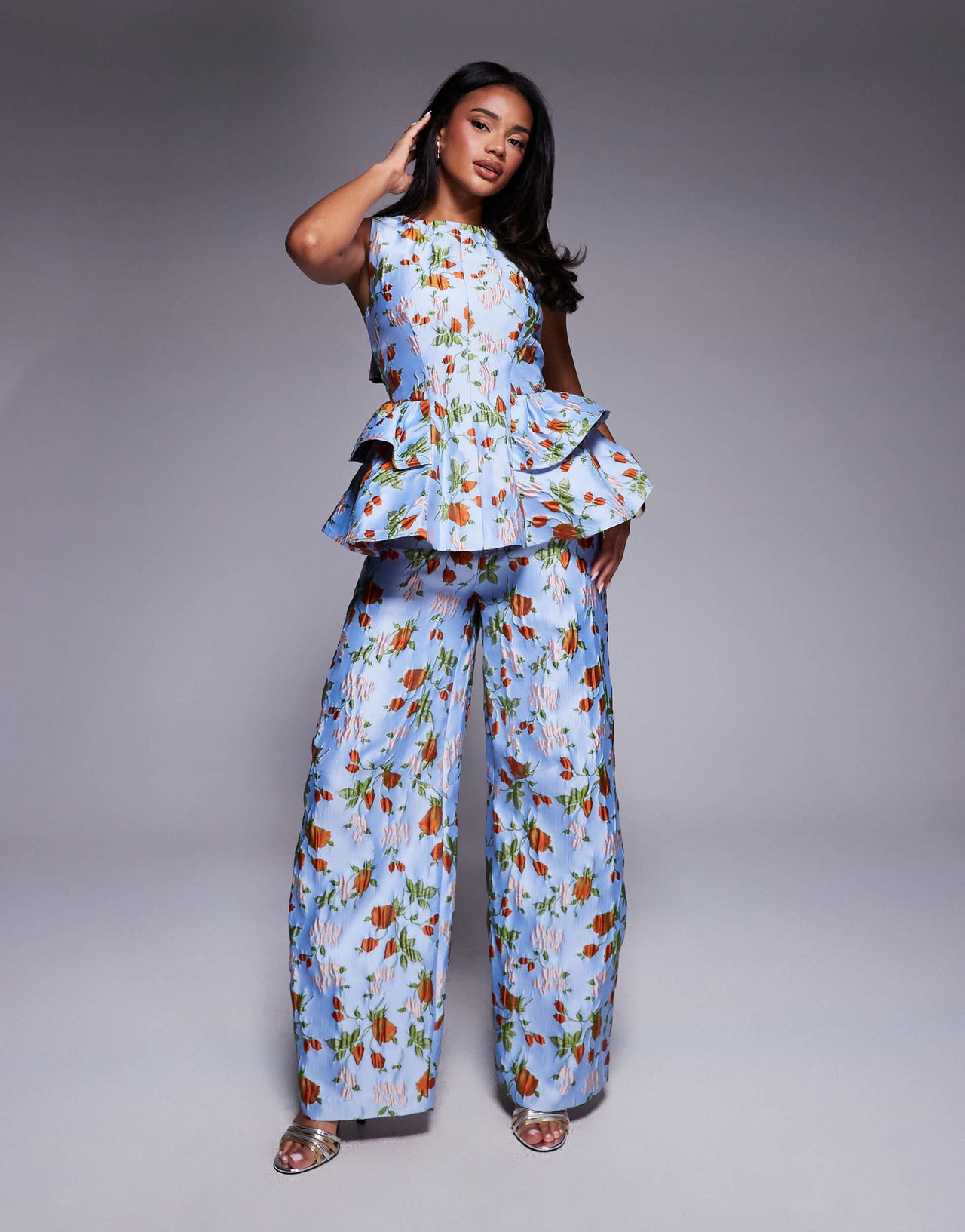 ASOS LUXE co-ord jacquard peplum top with bow back in capri floral