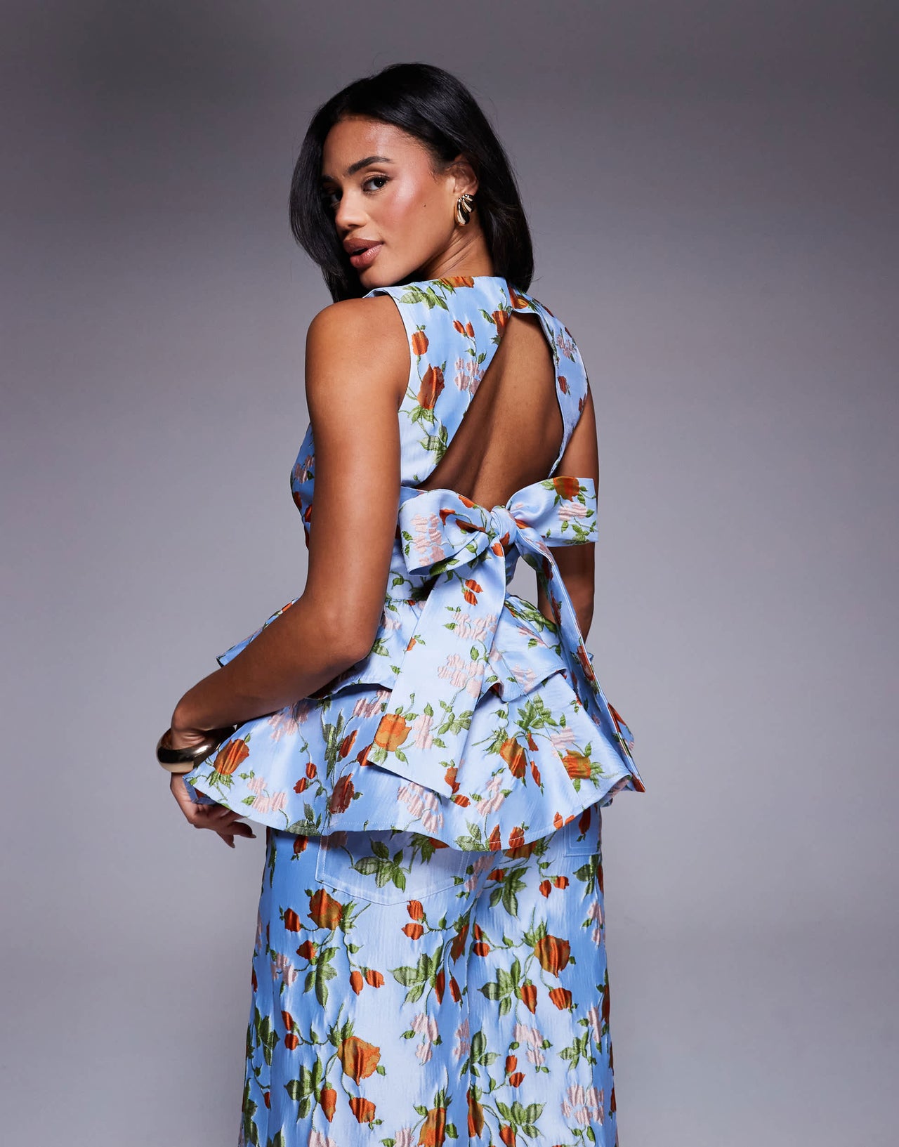ASOS LUXE co-ord jacquard peplum top with bow back in capri floral