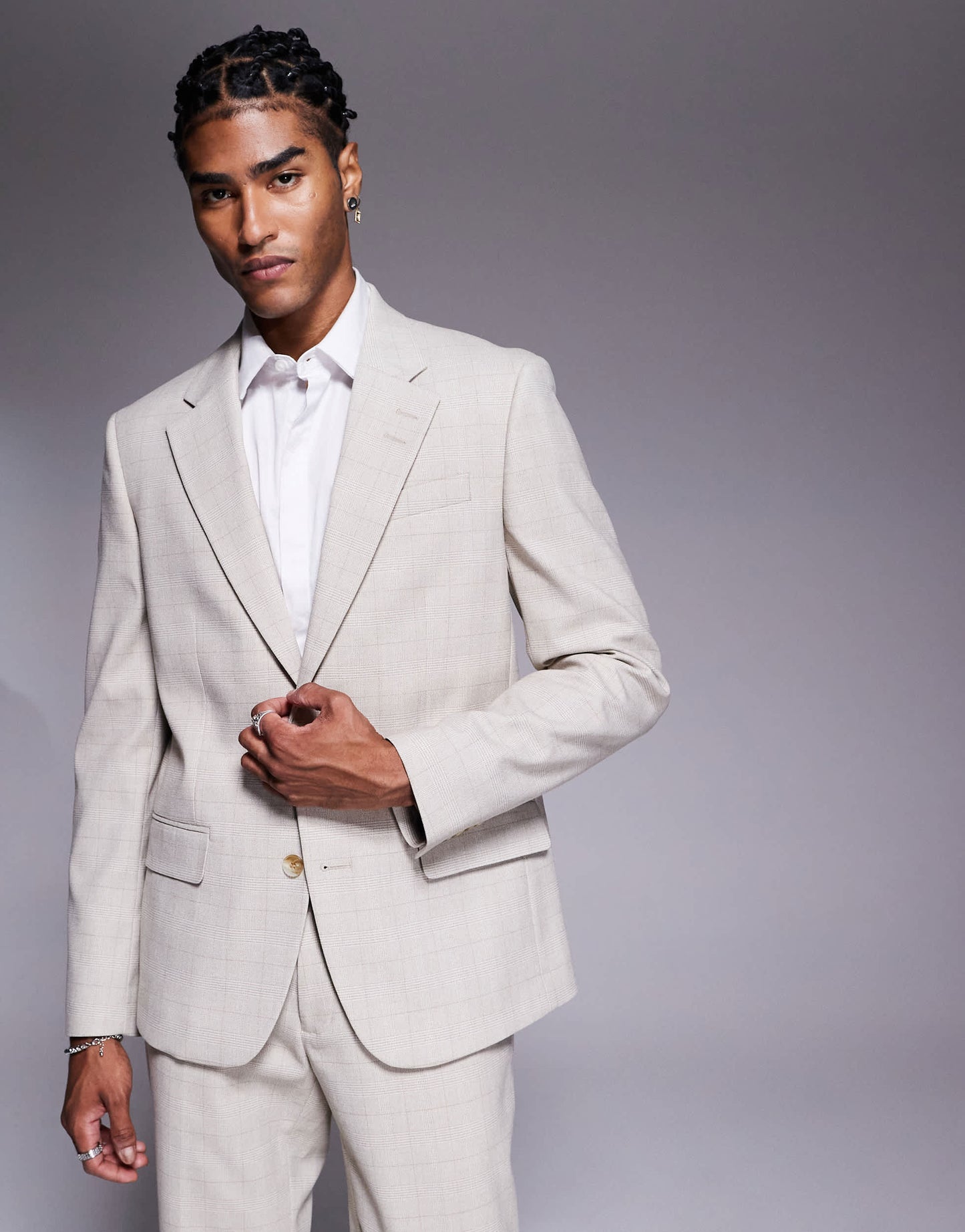 River Island slim fit suit jacket in beige check