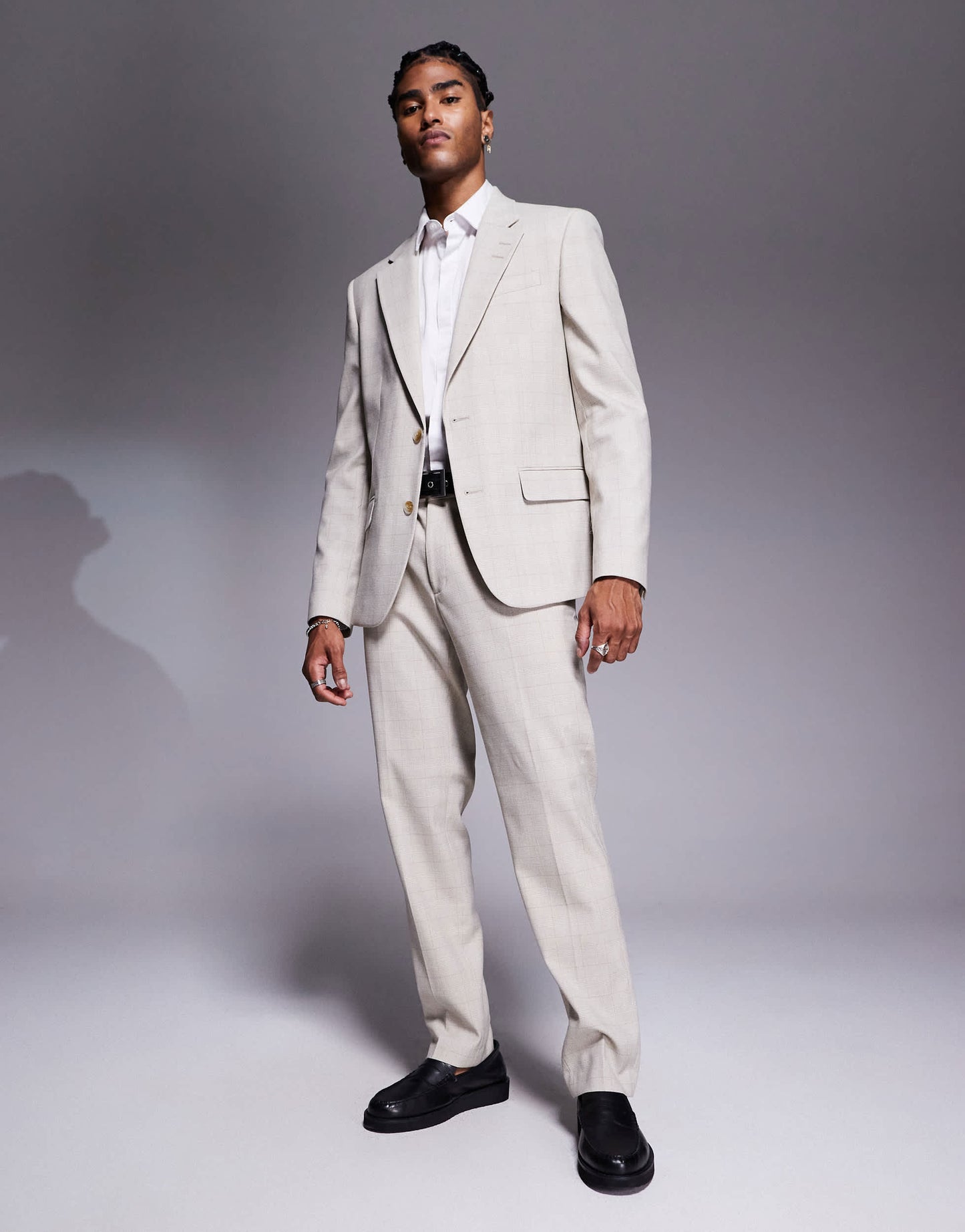 River Island slim fit suit jacket in beige check