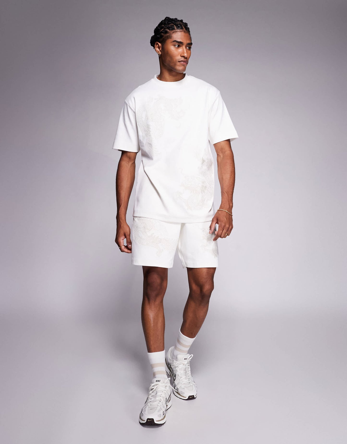 River Island embroidered dragon t-shirt co-ord in ecru