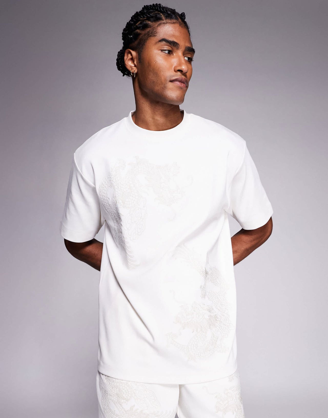 River Island embroidered dragon t-shirt co-ord in ecru
