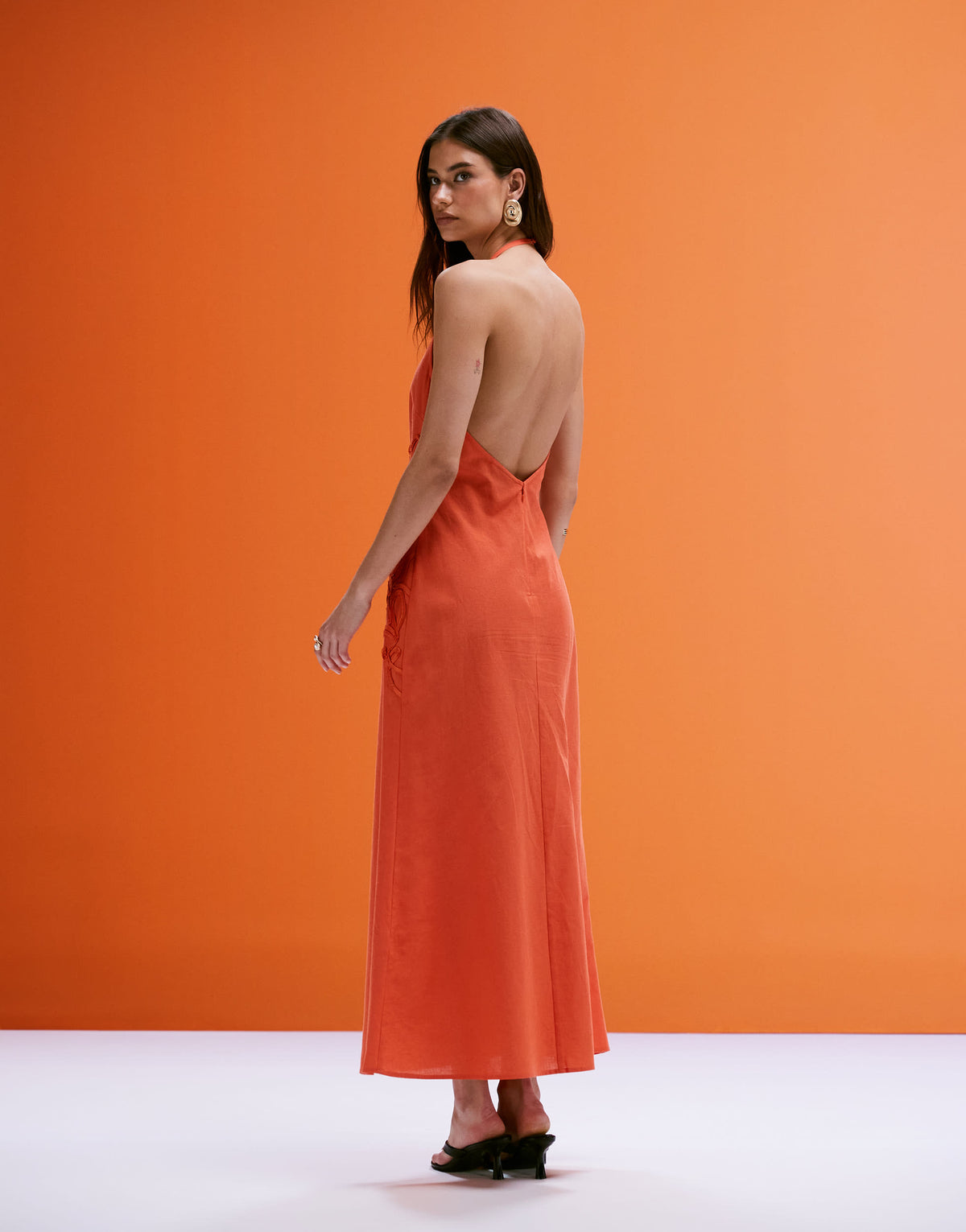 ASOS DESIGN low back halter midi dress with waist embroidery in orange