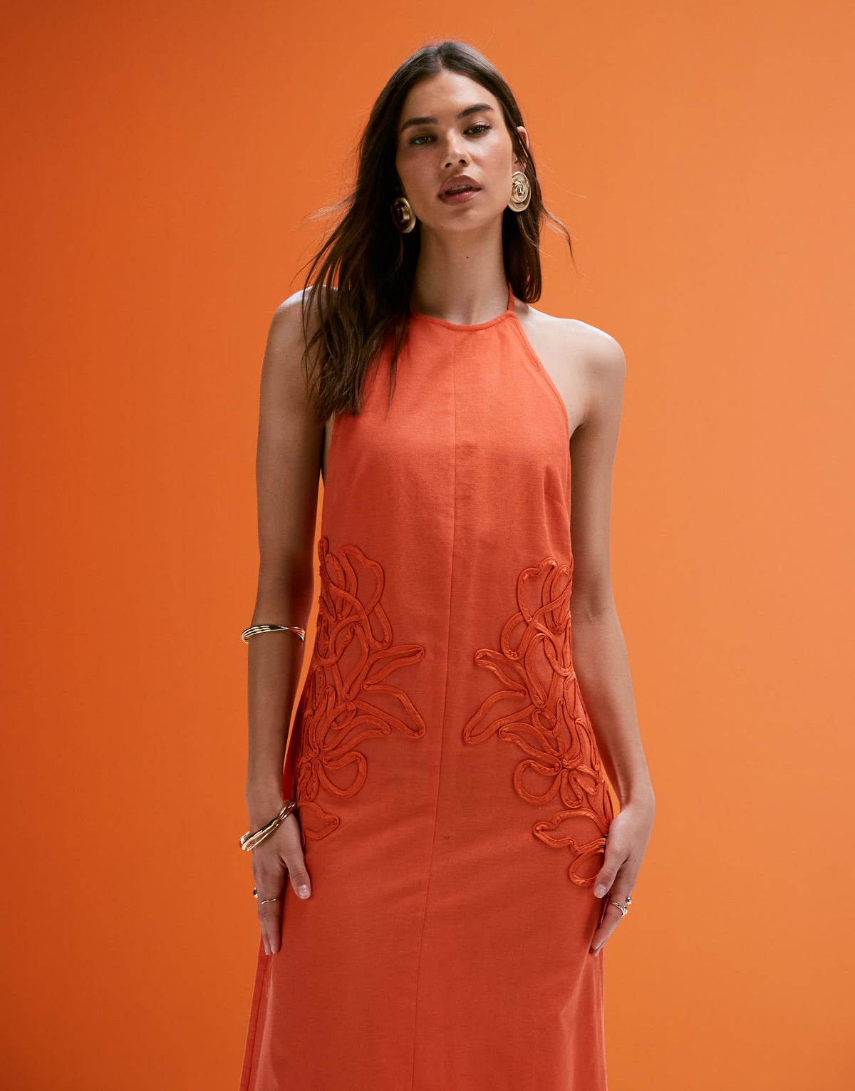 ASOS DESIGN low back halter midi dress with waist embroidery in orange