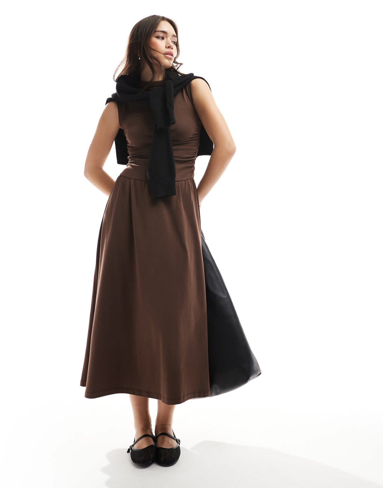 Stradivarius high neck drop waist midi dress in brown