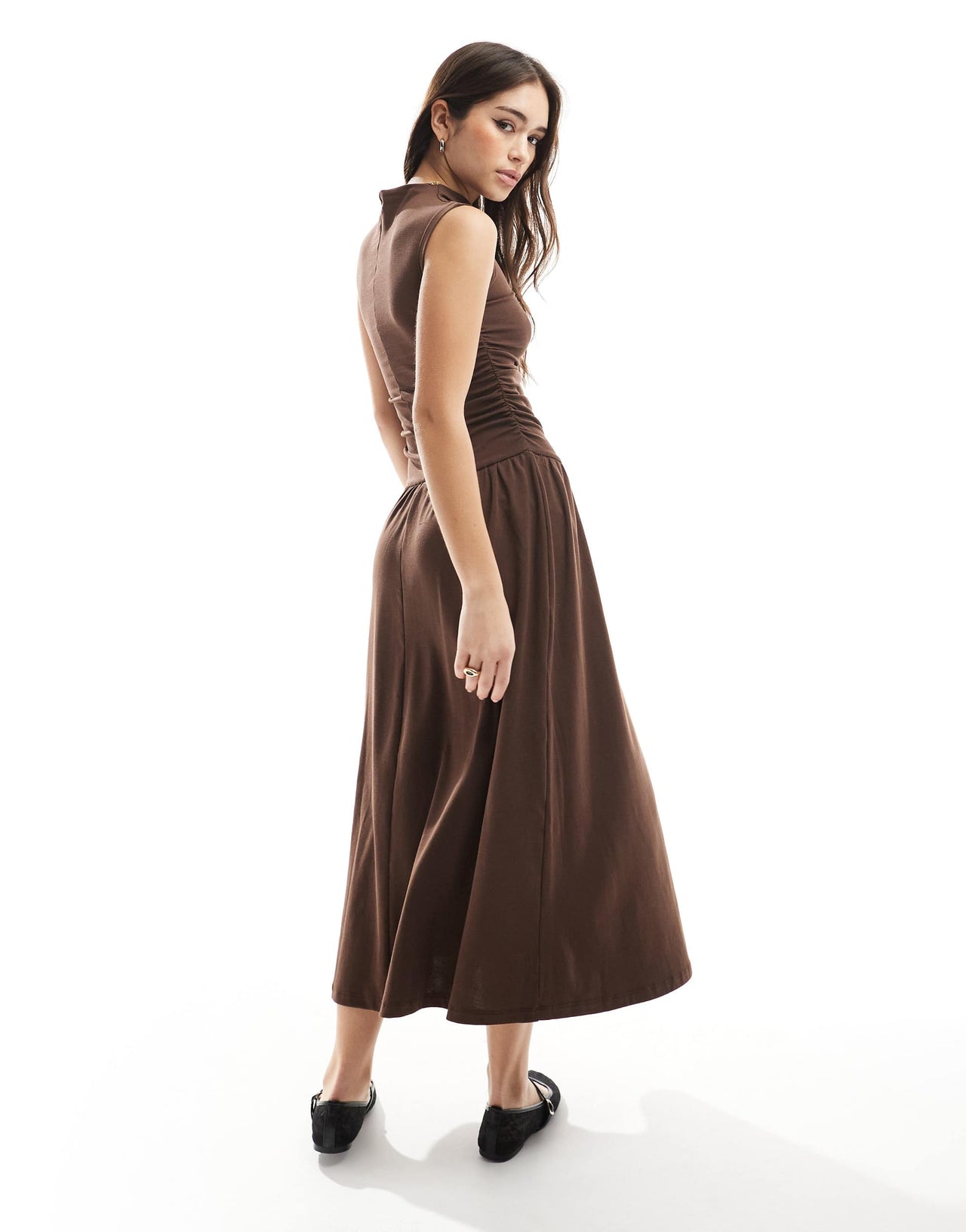 Stradivarius high neck drop waist midi dress in brown