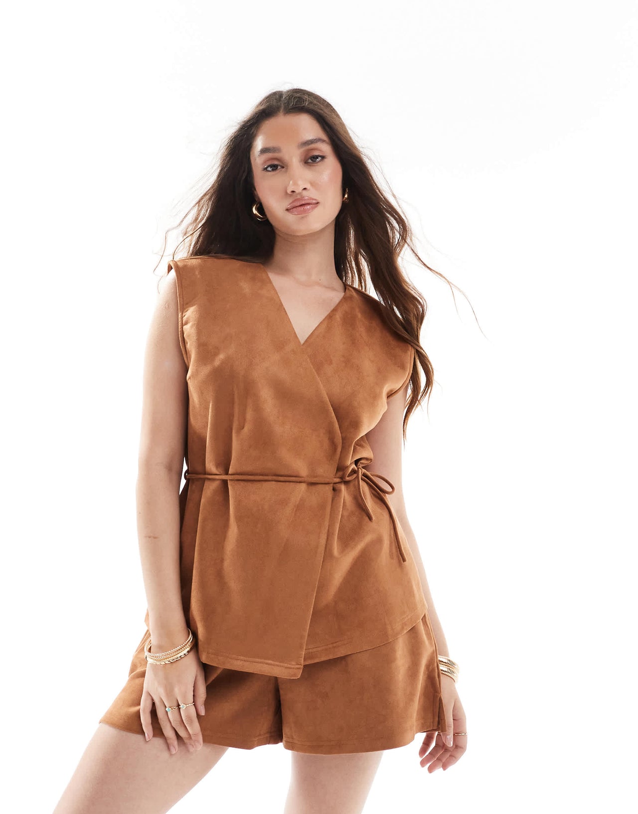 Object faux suede pull on shorts co-ord in camel beige