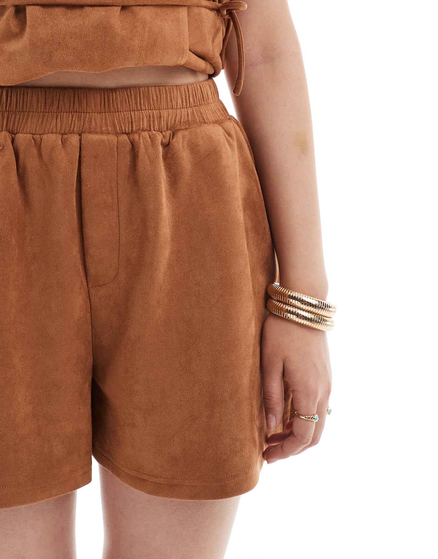 Object faux suede pull on shorts co-ord in camel beige