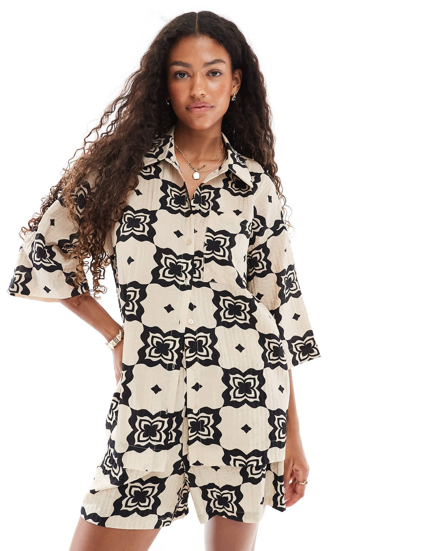 Object oversized shirt co-ord in mono tile print