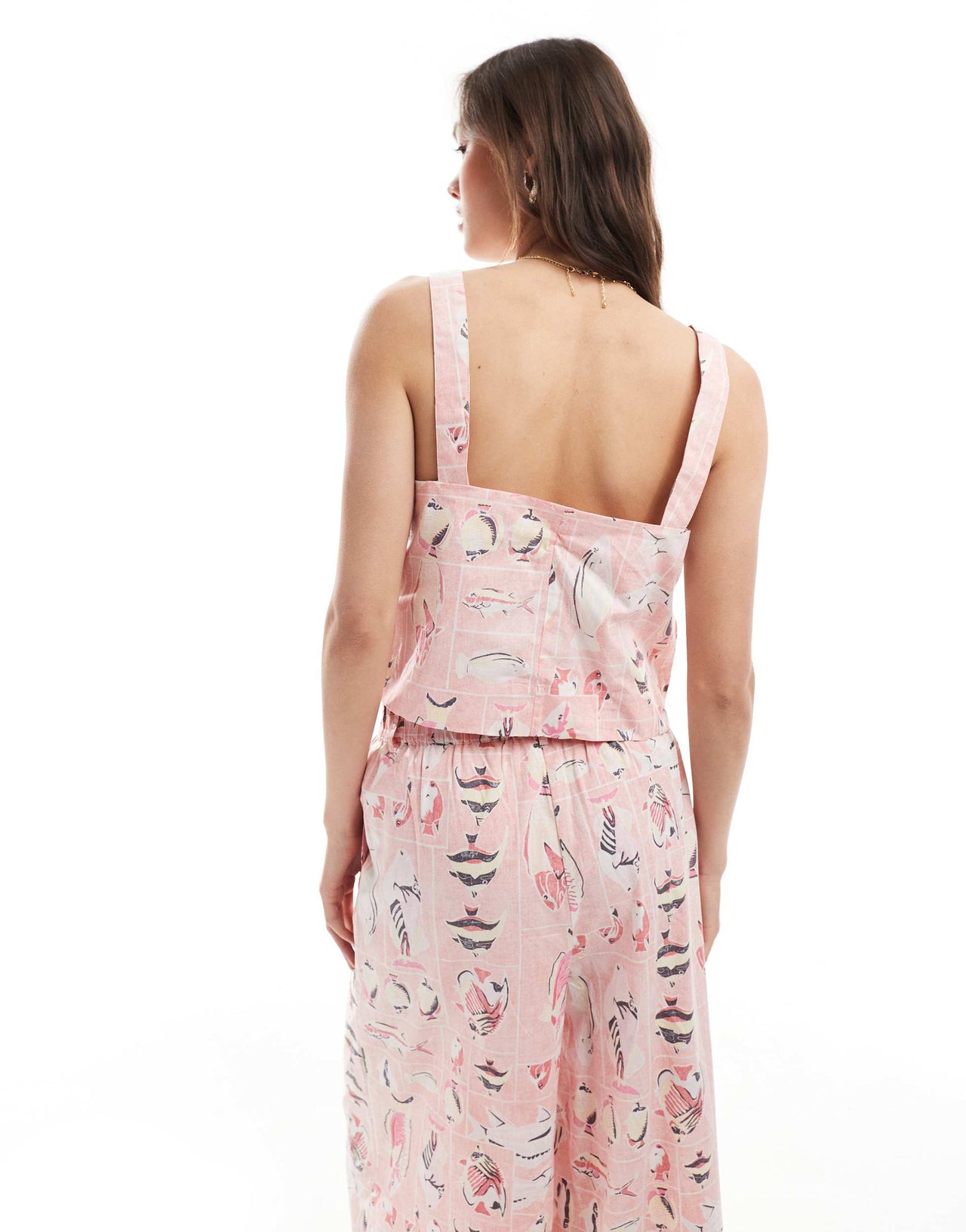 Object vintage wash cotton cropped top co-ord in pink fish print