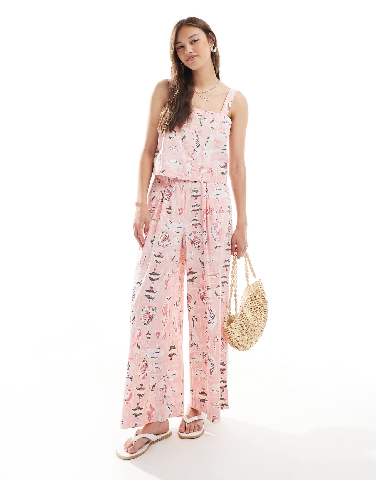 Object vintage wash cotton cropped top co-ord in pink fish print
