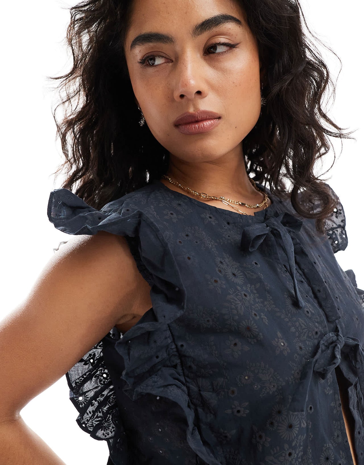 Object tie front frill blouse in navy
