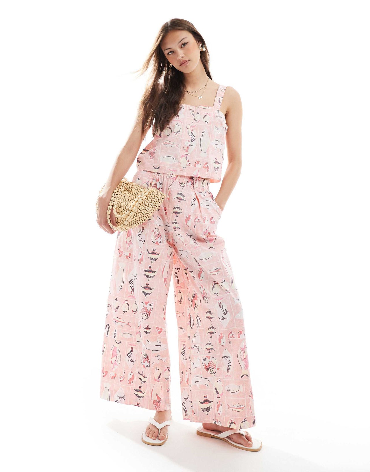 Object vintage wash wide leg cotton trouser co-ord in pink fish print