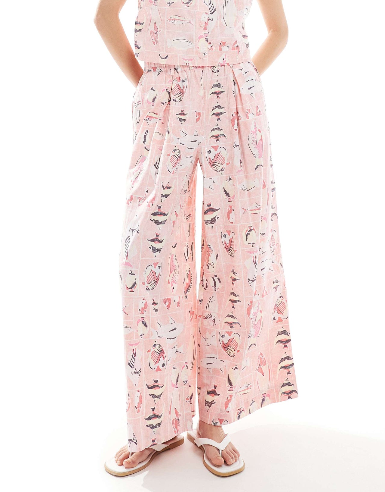 Object vintage wash wide leg cotton trouser co-ord in pink fish print