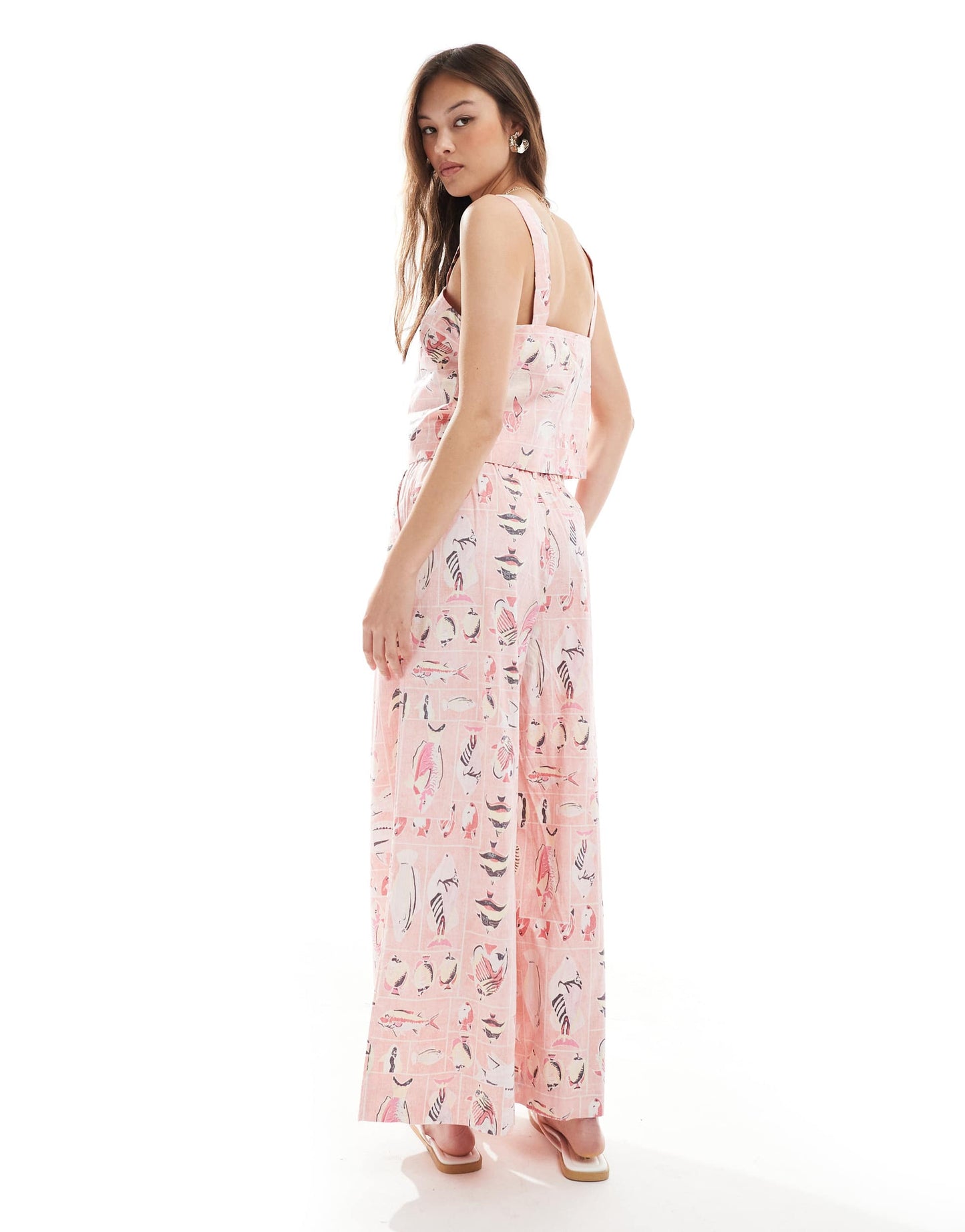 Object vintage wash wide leg cotton trouser co-ord in pink fish print