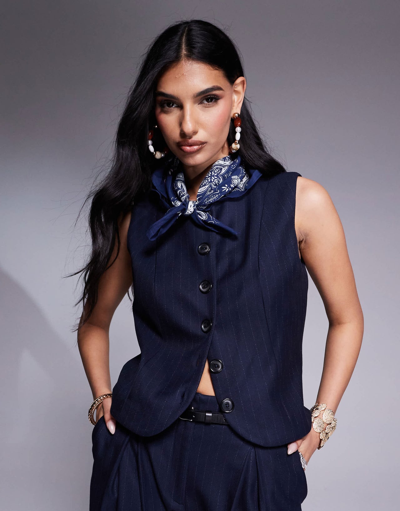 River Island high neck waistcoat co-ord in navy pinstripe