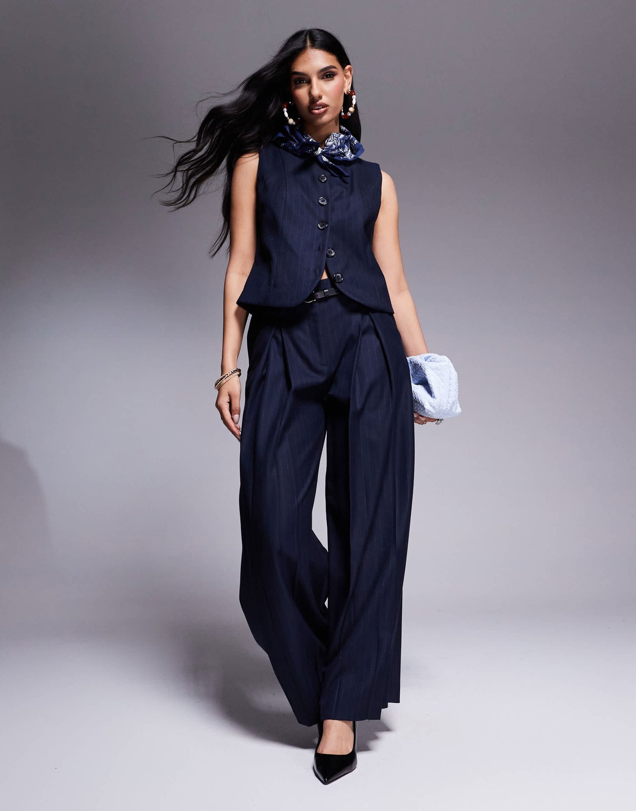 River Island high neck waistcoat co-ord in navy pinstripe