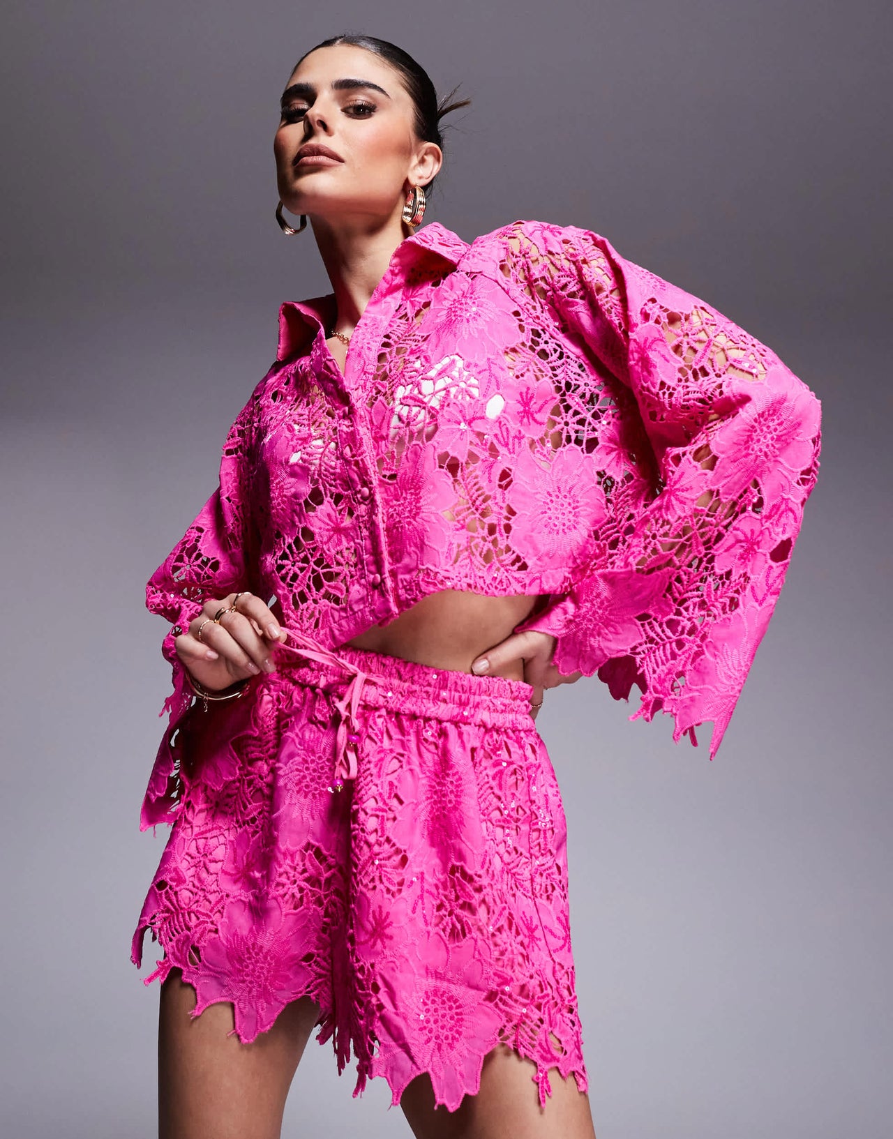 River Island cutwork sequin short co-ord in pink