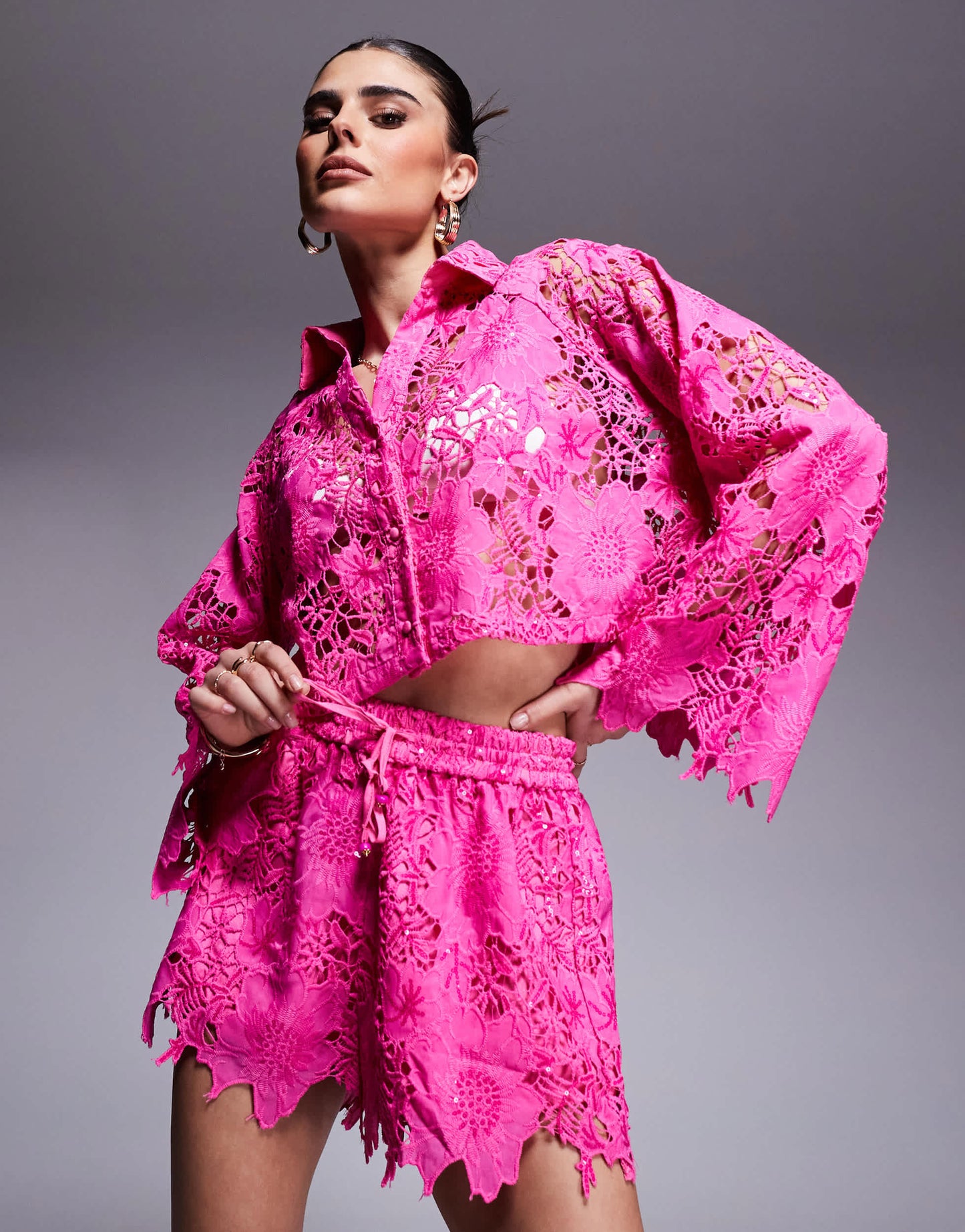 River Island cutwork sequin short co-ord in pink