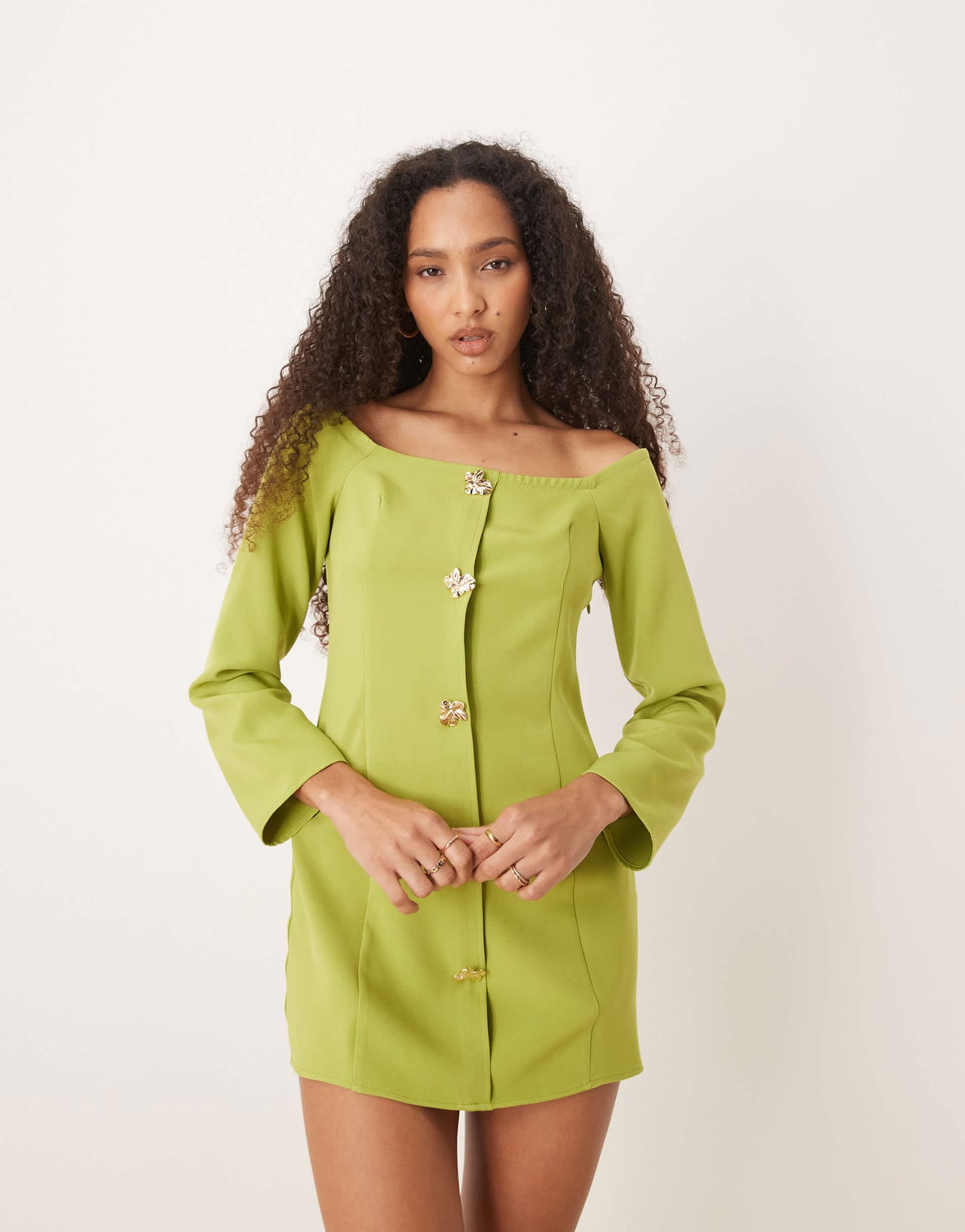 ASOS DESIGN bardot button through mini dress in green